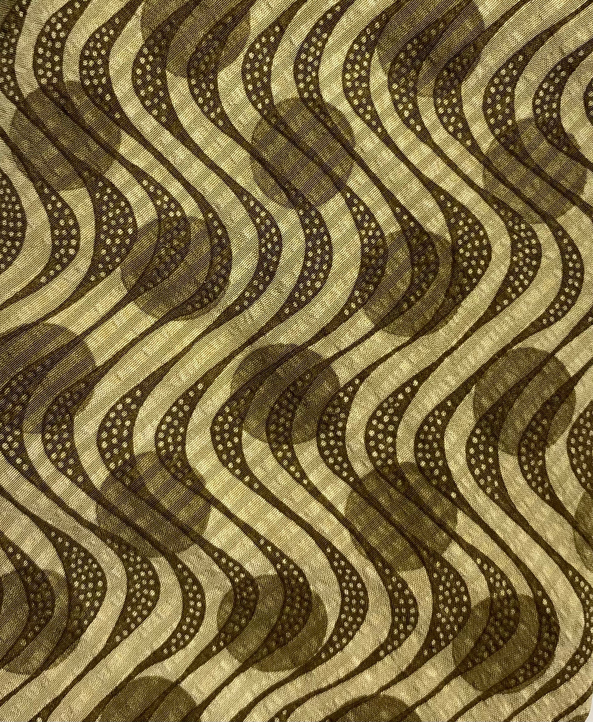 90s Deadstock Silk Necktie, Men's Vintage Gold-Green Geometric Wave & Dot Pattern, NOS