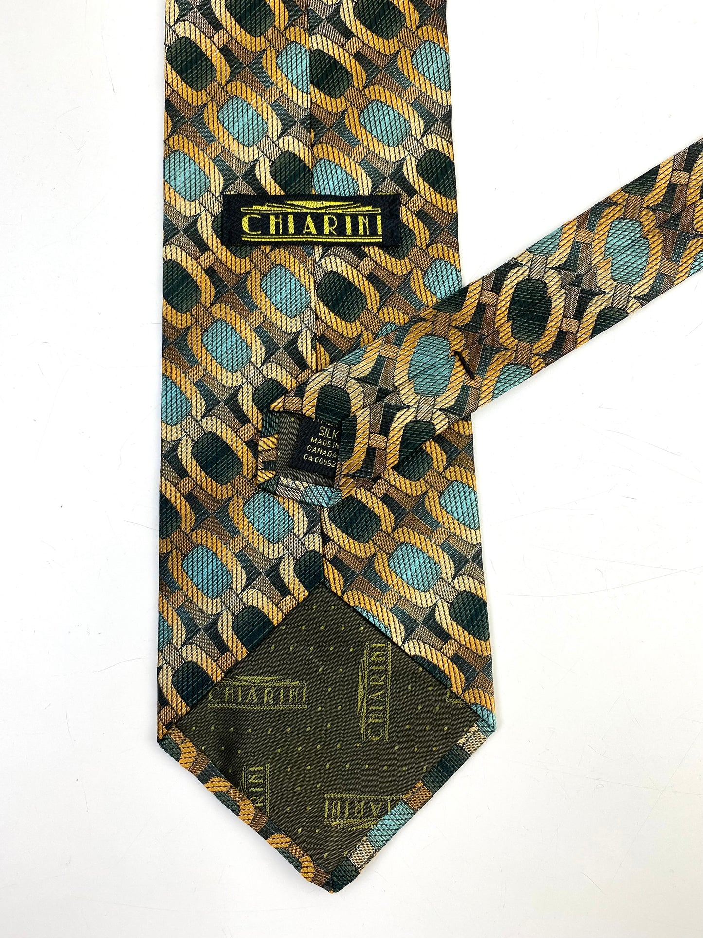 90s Deadstock Silk Necktie, Vintage Gold/ Green Lattice Links Pattern Tie, NOS