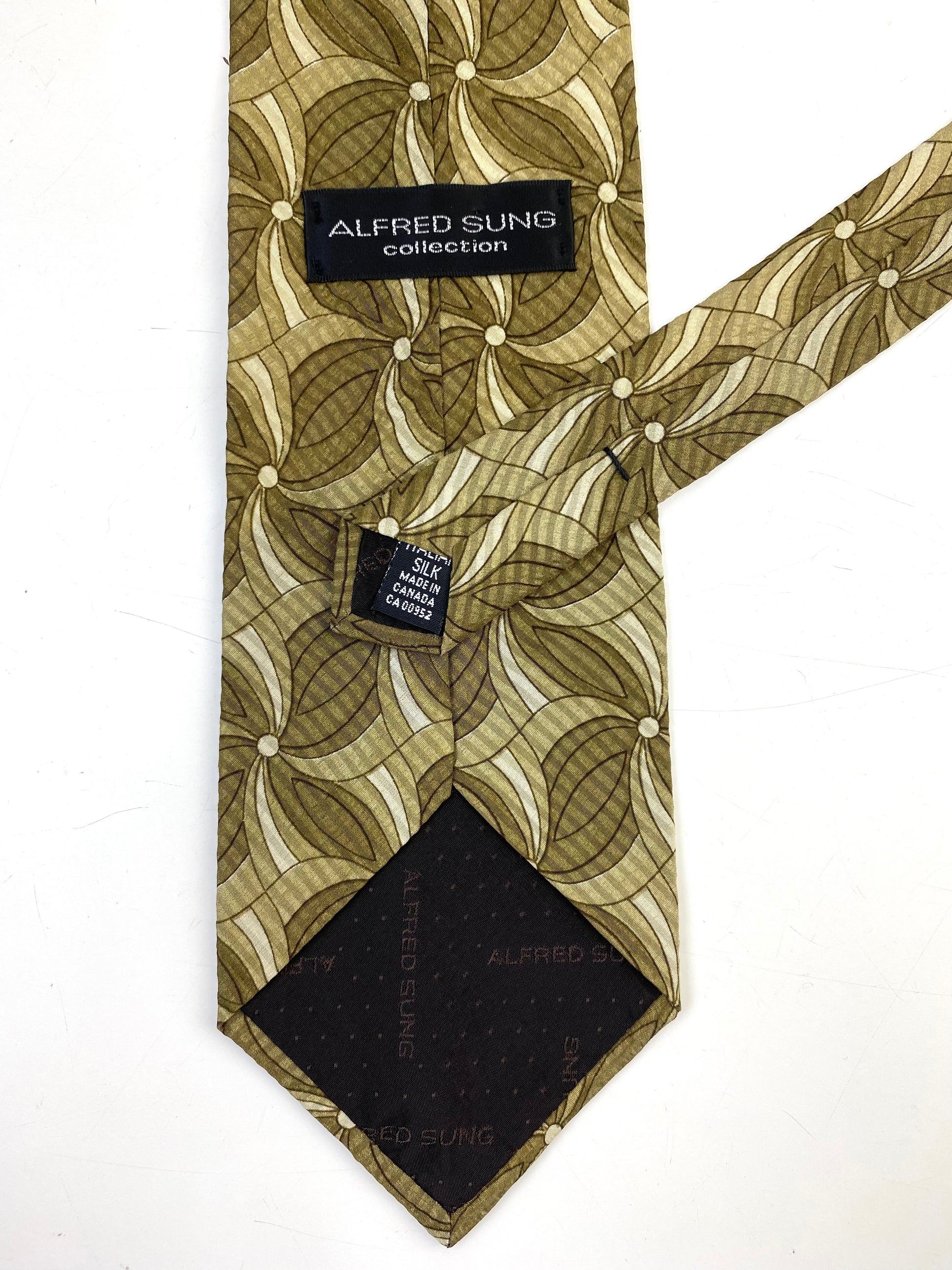 90s Deadstock Silk Necktie, Men's Vintage Gold-Green Floral Geometric Pattern Tie, NOS