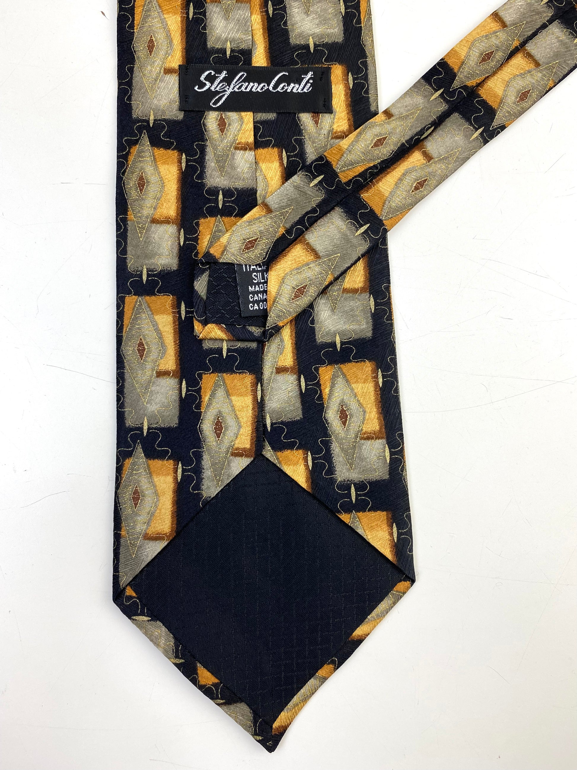 90s Deadstock Silk Necktie, Men's Vintage Gold/ Black Geometric Pattern Tie, NOS