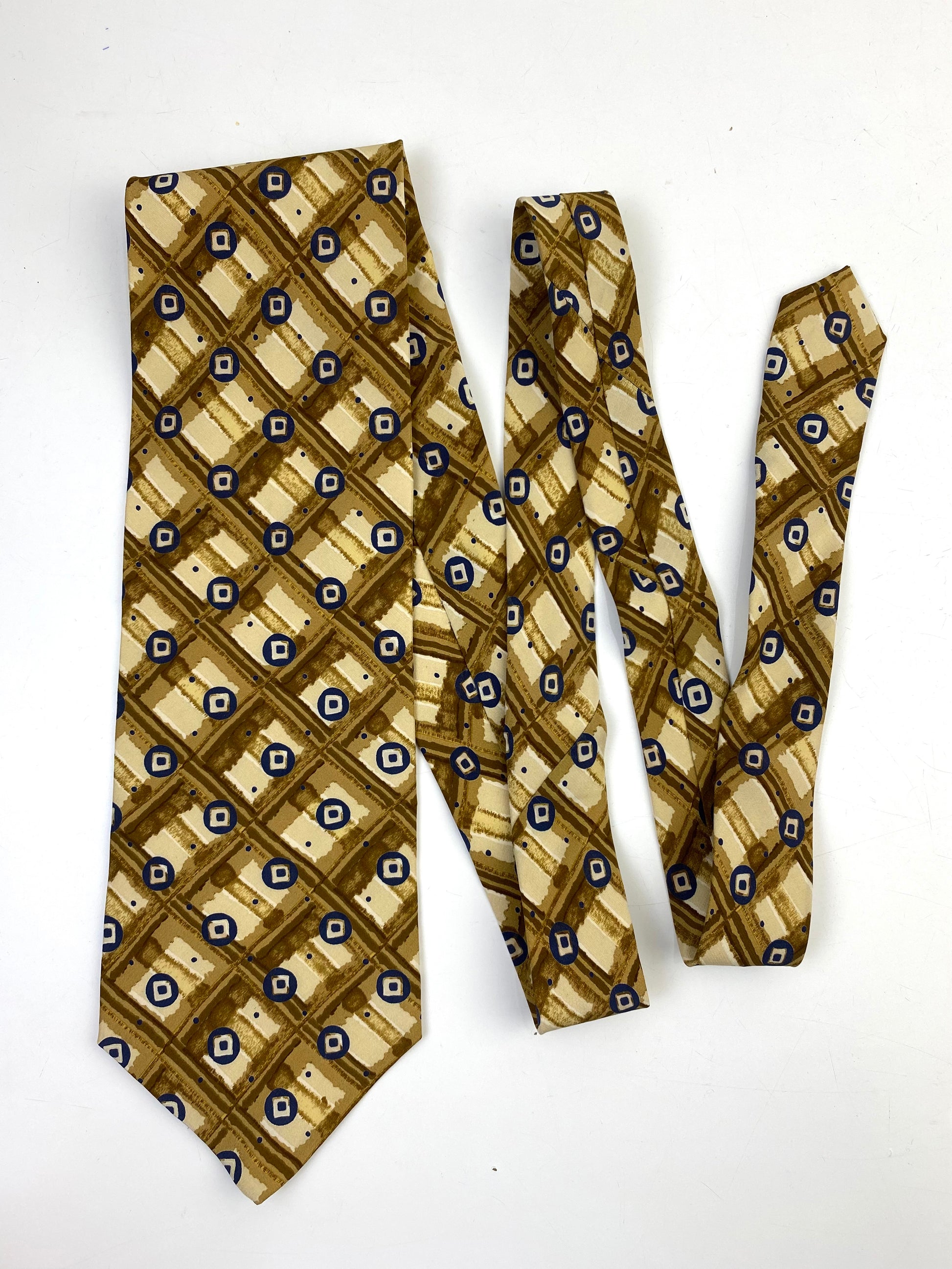 90s Deadstock Silk Necktie, Men's Vintage Gold/ Blue Check Pattern Tie, NOS