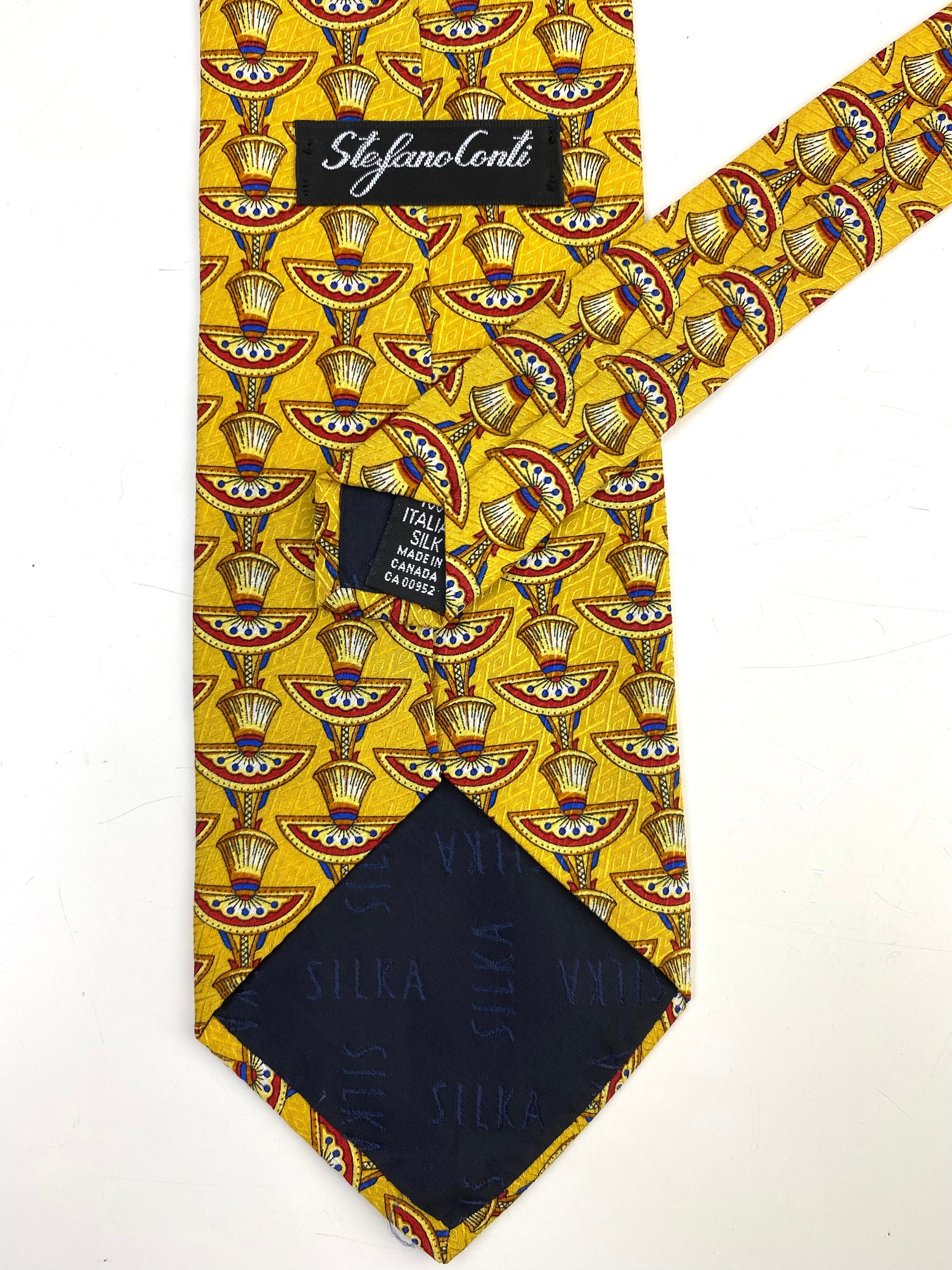 90s Deadstock Silk Necktie, Men's Vintage Gold/ Red Art Deco Pattern Tie, NOS
