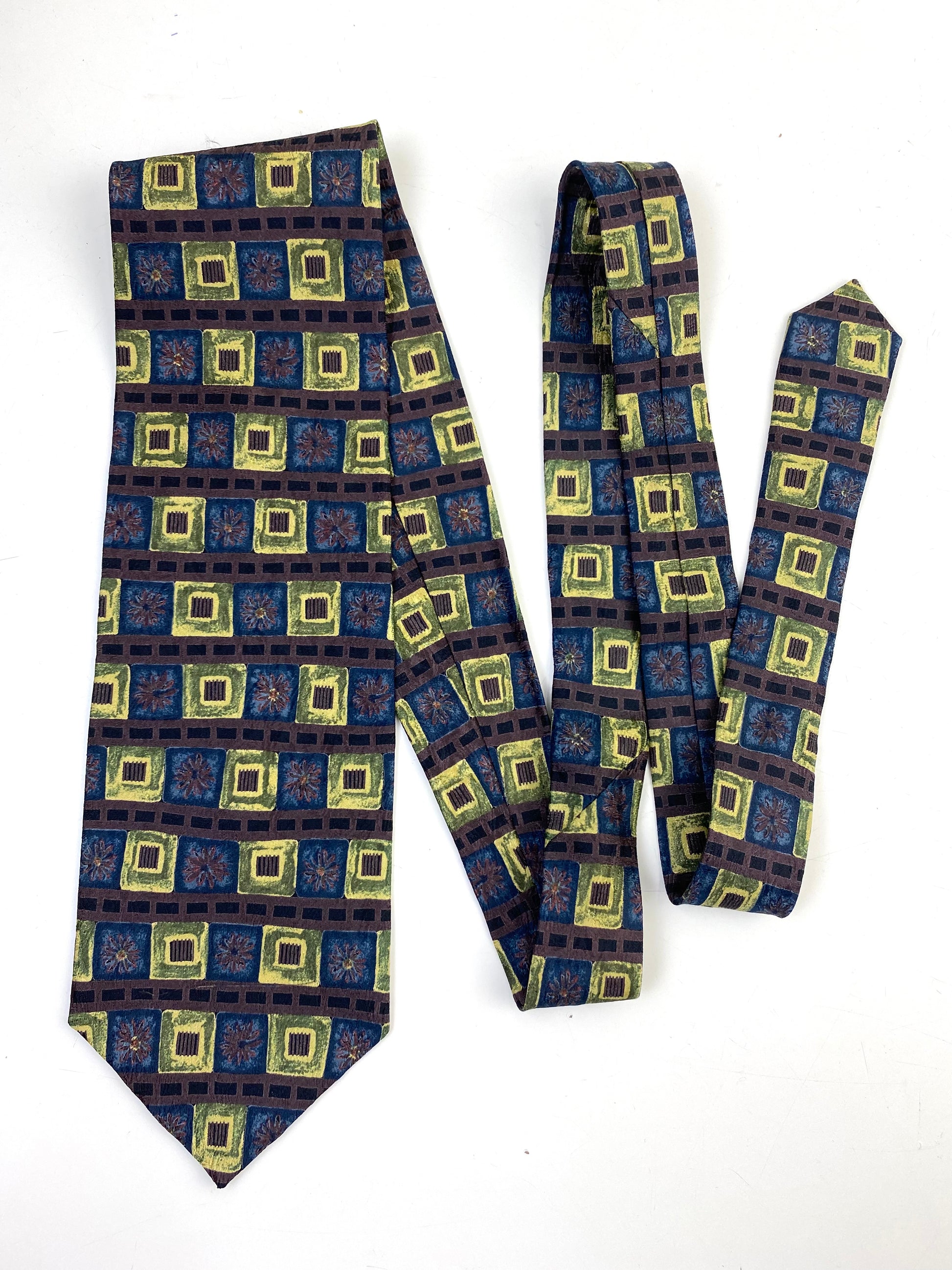 90s Deadstock Silk Necktie, Vintage Gold/ Blue Geometric Floral Pattern Tie, NOS