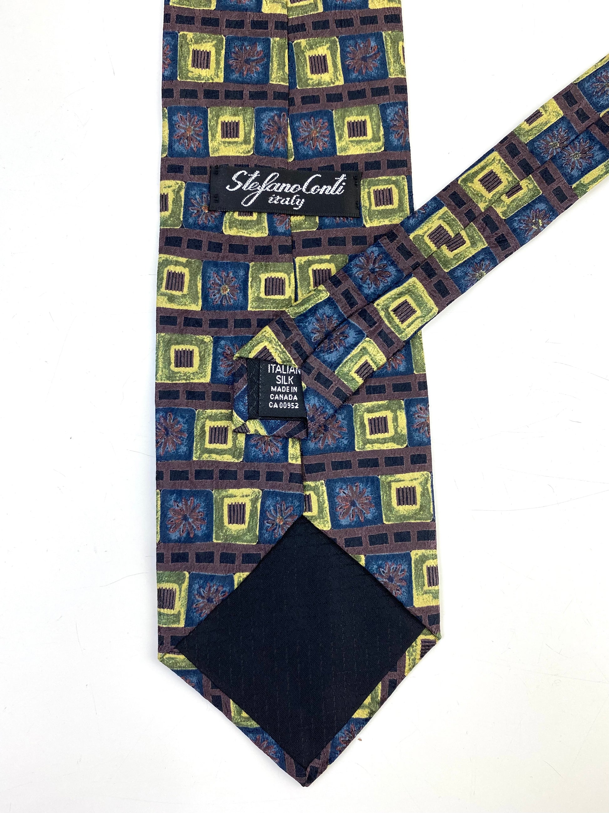 90s Deadstock Silk Necktie, Vintage Gold/ Blue Geometric Floral Pattern Tie, NOS