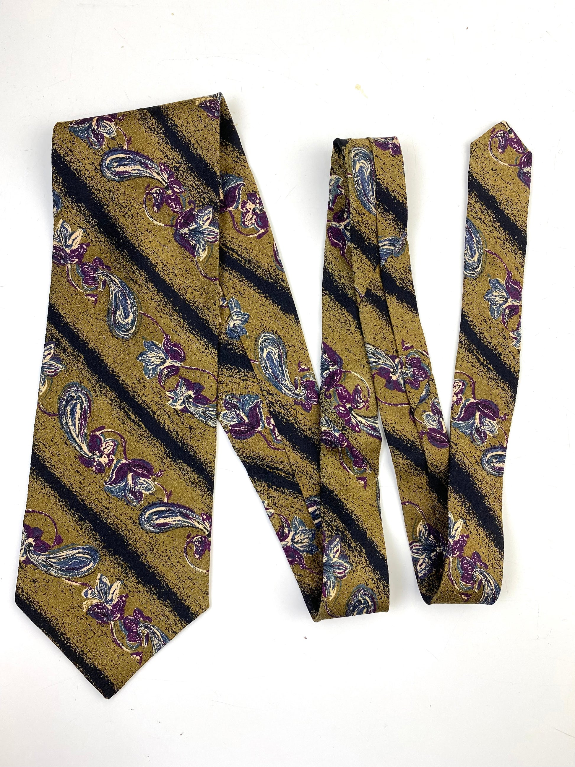90s Deadstock Silk Necktie, Men's Vintage Gold Diagonal Stripe Floral Tie, NOS