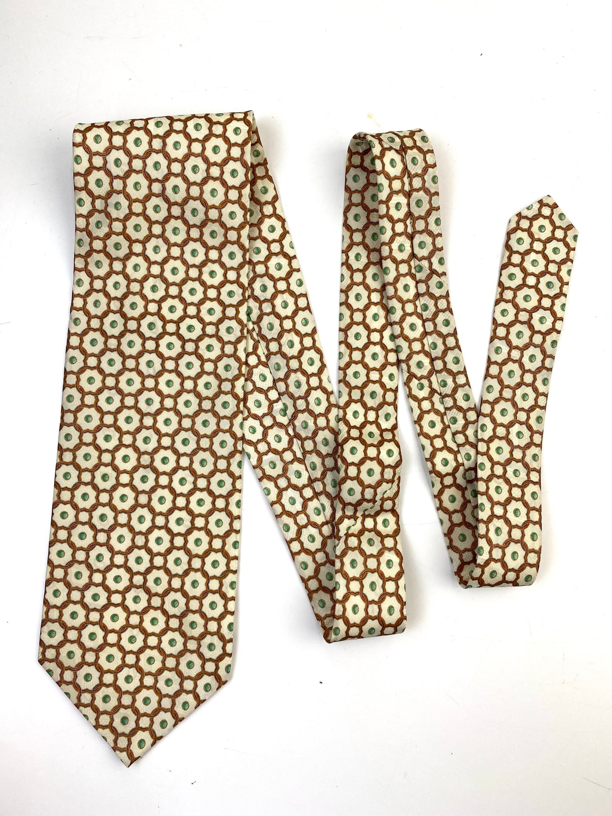 90s Deadstock Silk Necktie, Men's Vintage Gold Quatrefoil Link Pattern Tie, NOS