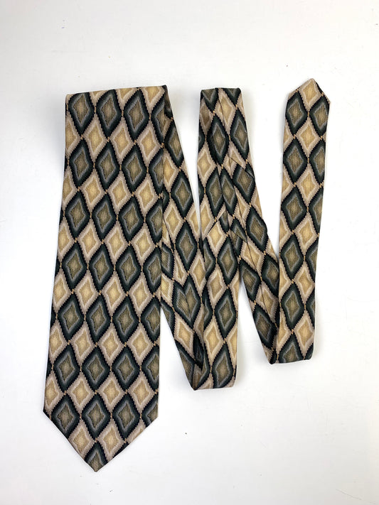 90s Deadstock Silk Necktie, Men's Vintage Gold/ Green Diamond Pattern Tie, NOS