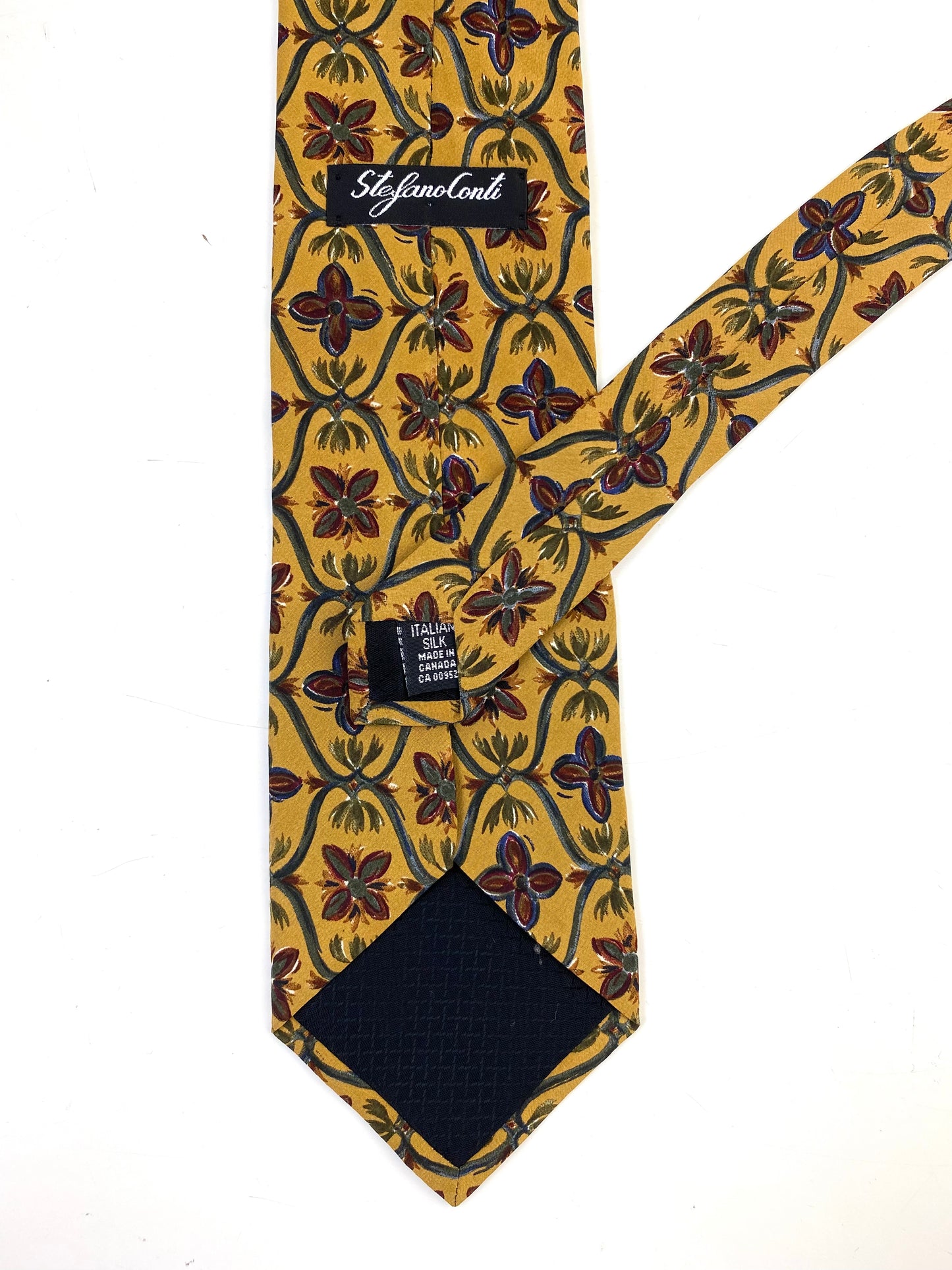 90s Deadstock Silk Necktie, Men's Vintage Gold Floral Pattern Tie, NOS