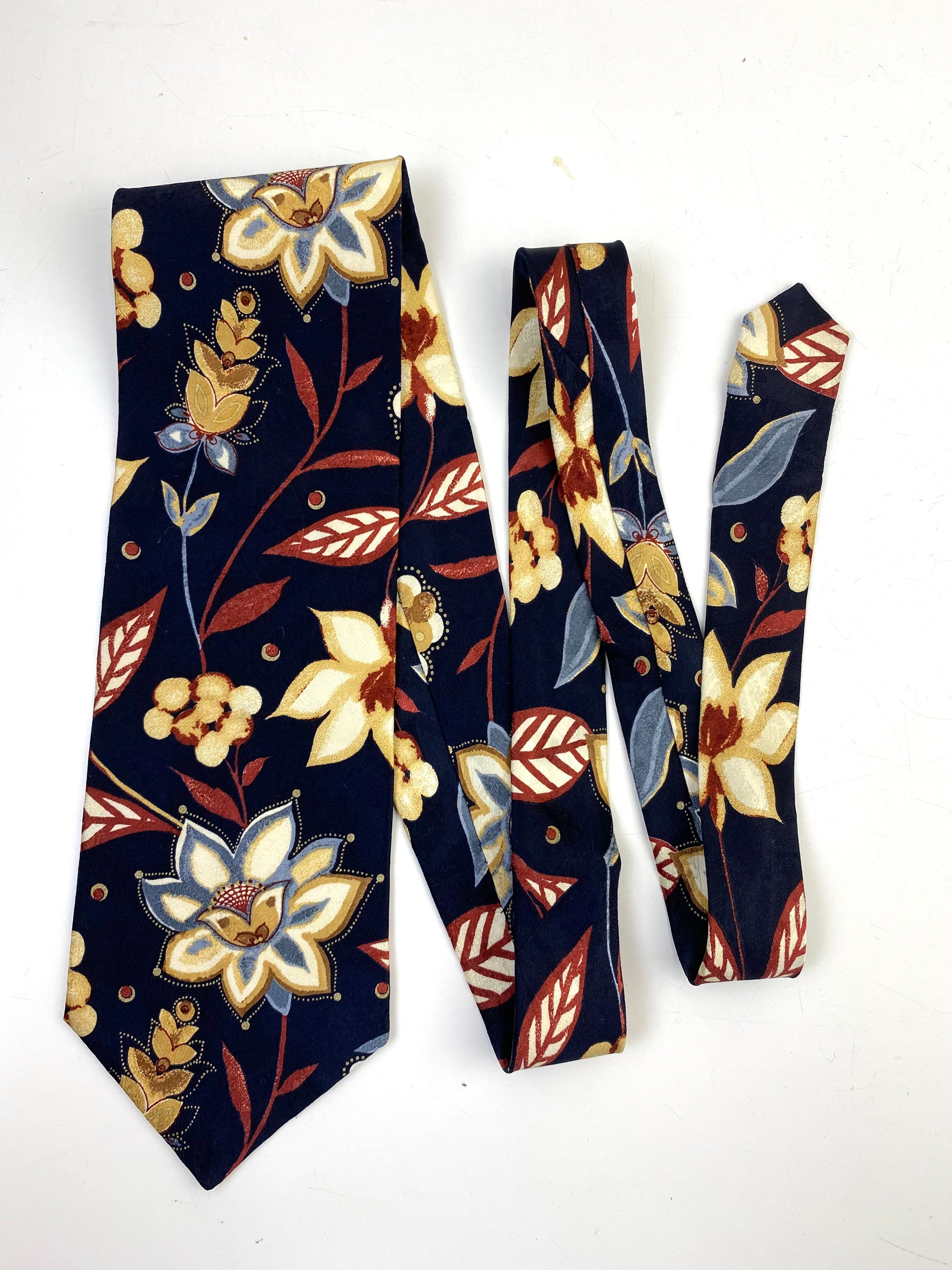 90s Deadstock Silk Necktie, Men's Vintage Navy/ Gold Floral Pattern Tie, NOS