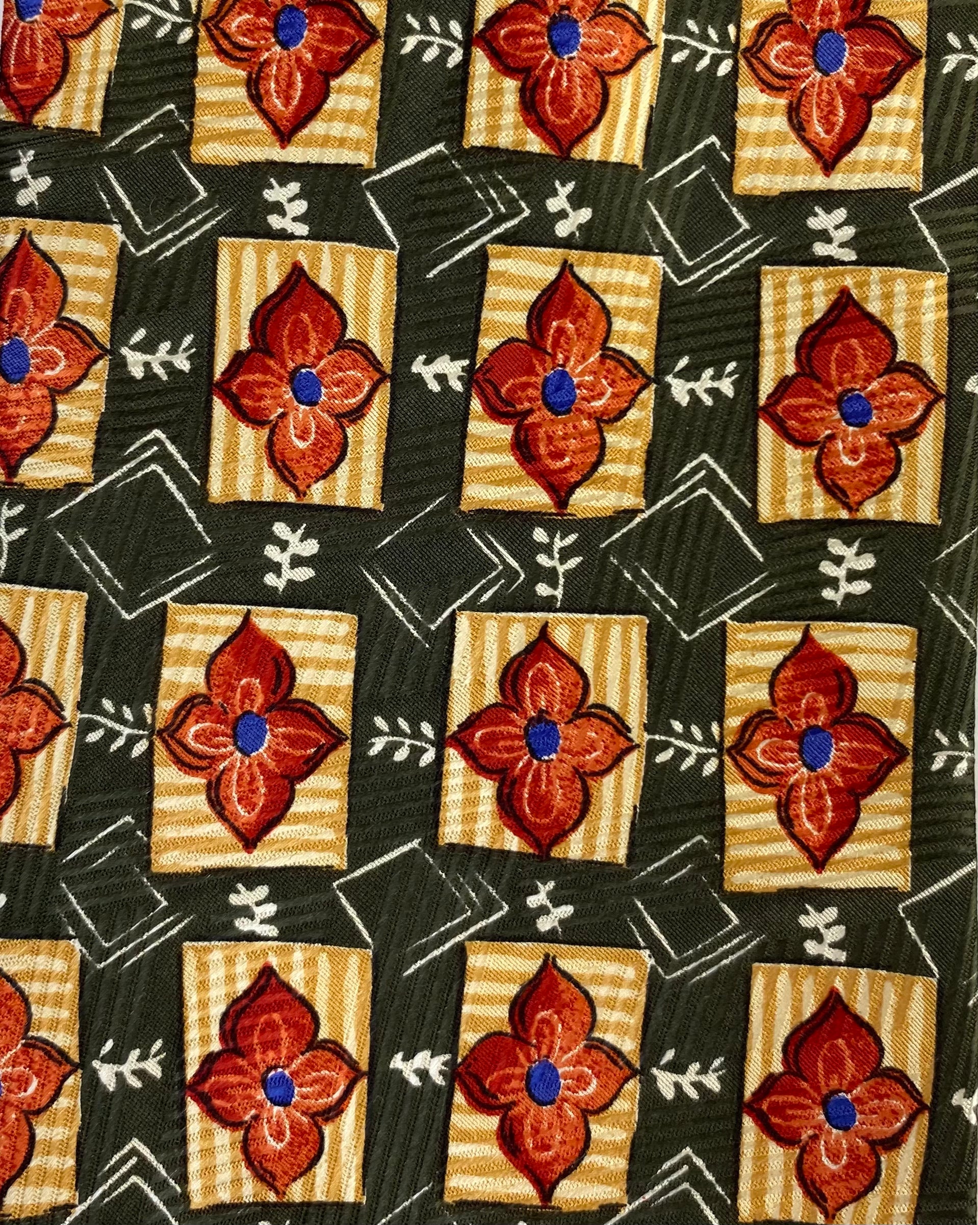 90s Deadstock Silk Necktie, Men's Vintage Green/ Gold/ Red Geometric Floral Pattern Tie, NOS