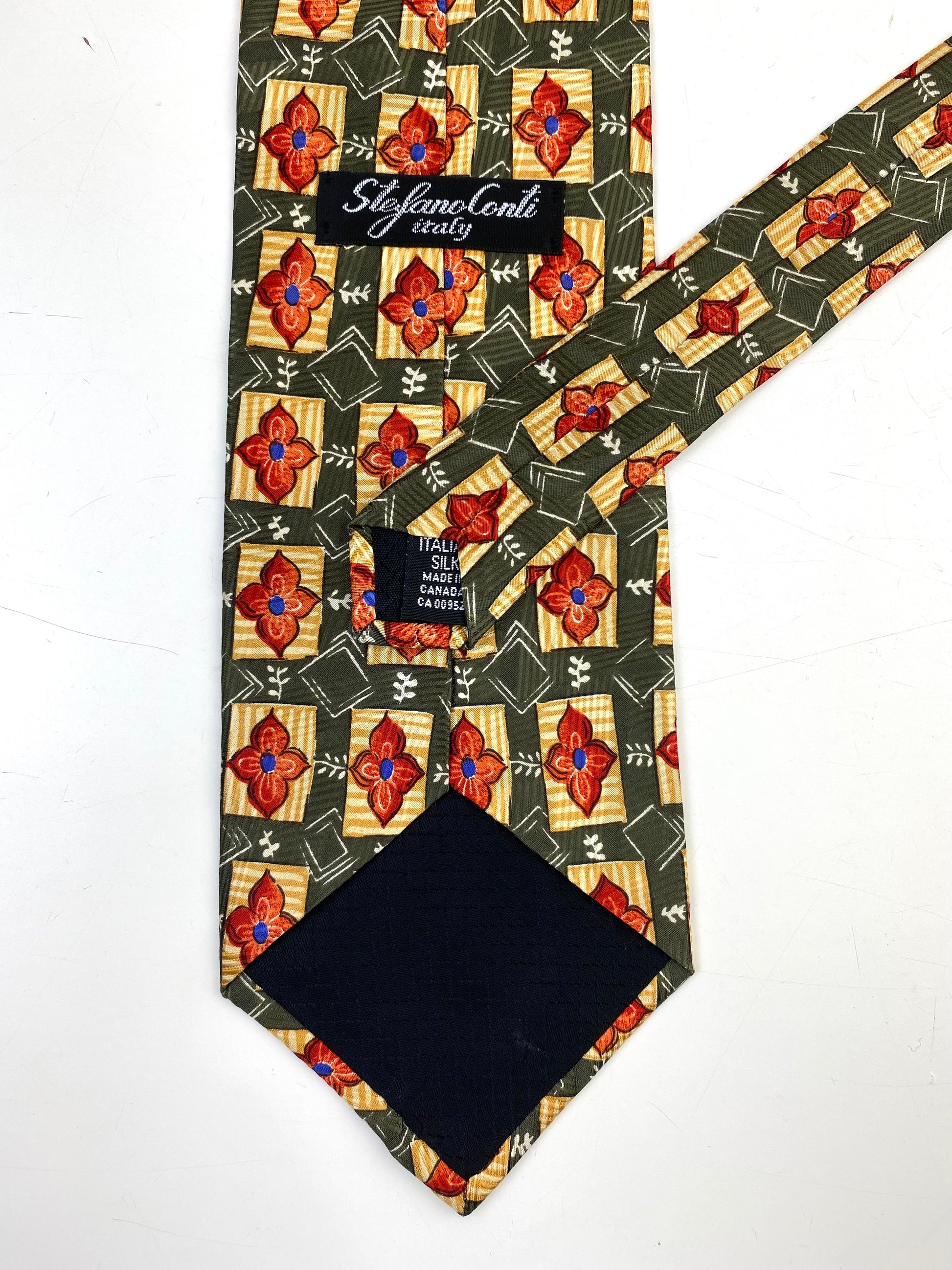 90s Deadstock Silk Necktie, Men's Vintage Green/ Gold/ Red Geometric Floral Pattern Tie, NOS