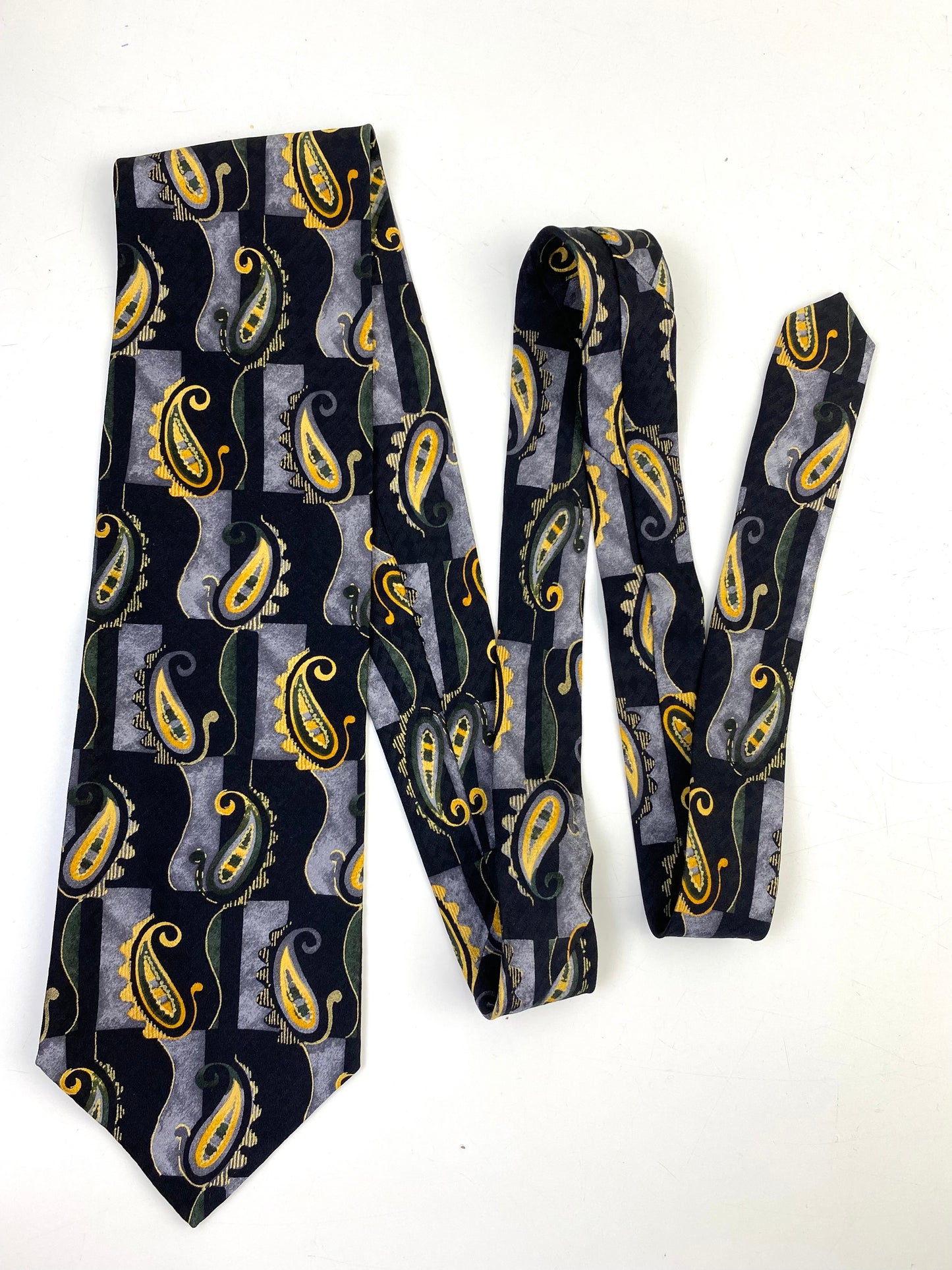 90s Deadstock Silk Necktie, Men's Vintage Navy/ Gold Paisley Pattern Tie, NOS