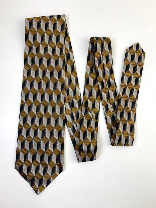 90s Deadstock Silk Necktie, Men's Vintage Gold/ Silver Geometric Art Deco Pattern Tie, NOS