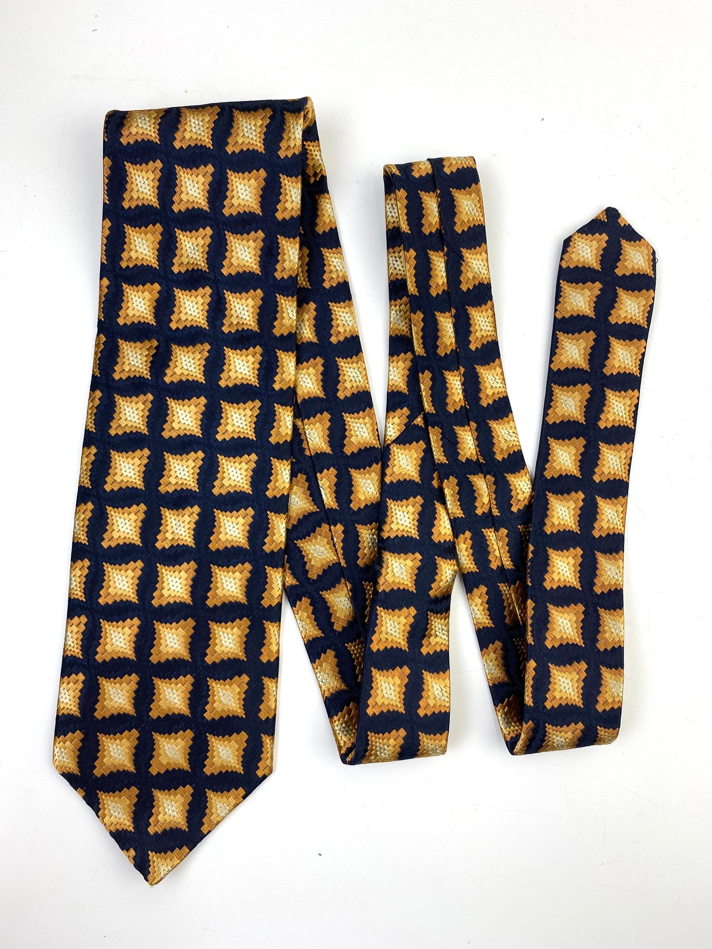 90s Deadstock Silk Necktie, Men's Vintage Gold/ Navy Geometric Pattern Tie, NOS
