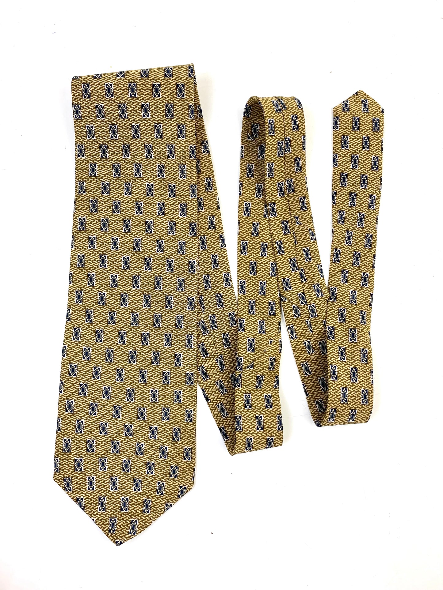 90s Deadstock Silk Necktie, Men's Vintage Gold Geometric Pattern Tie, NOS