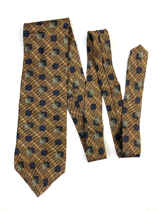 90s Deadstock Silk Necktie, Men's Vintage Bronze/ Navy Geometric Square Pattern Tie, NOS