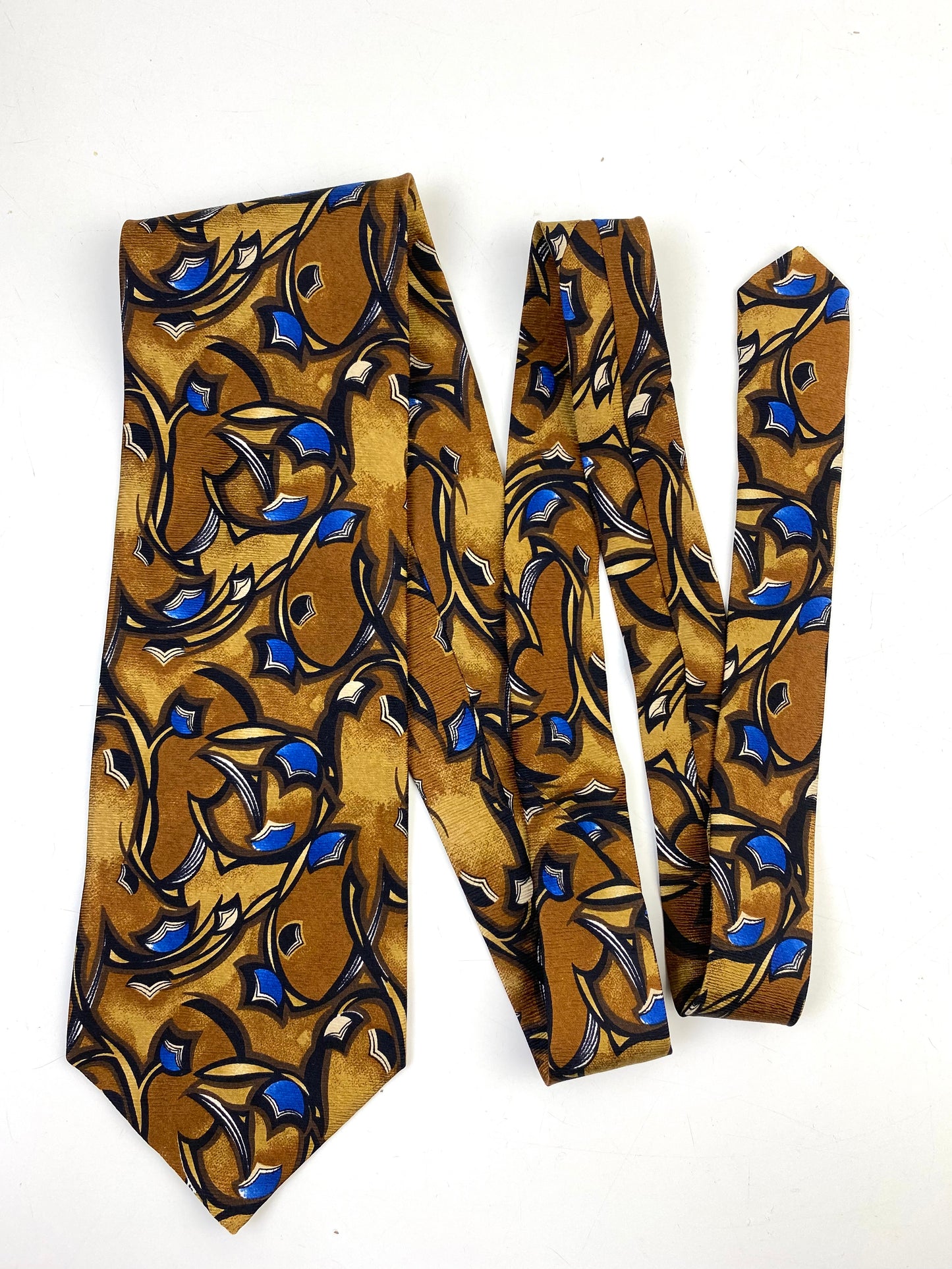 90s Deadstock Silk Necktie, Men's Vintage Gold/ Blue Abstract Pattern Tie, NOS