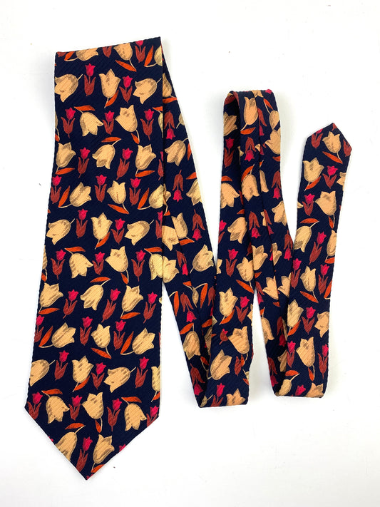 90s Deadstock Silk Necktie, Men's Vintage Navy/ Gold Floral Tulip Pattern Tie, NOS