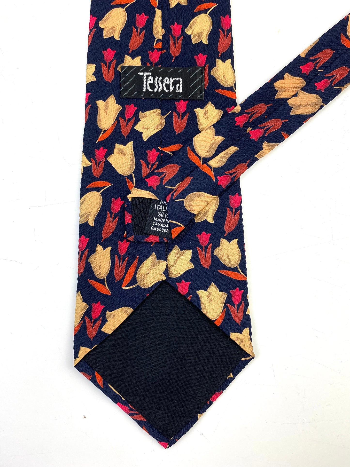 90s Deadstock Silk Necktie, Men's Vintage Navy/ Gold Floral Tulip Pattern Tie, NOS