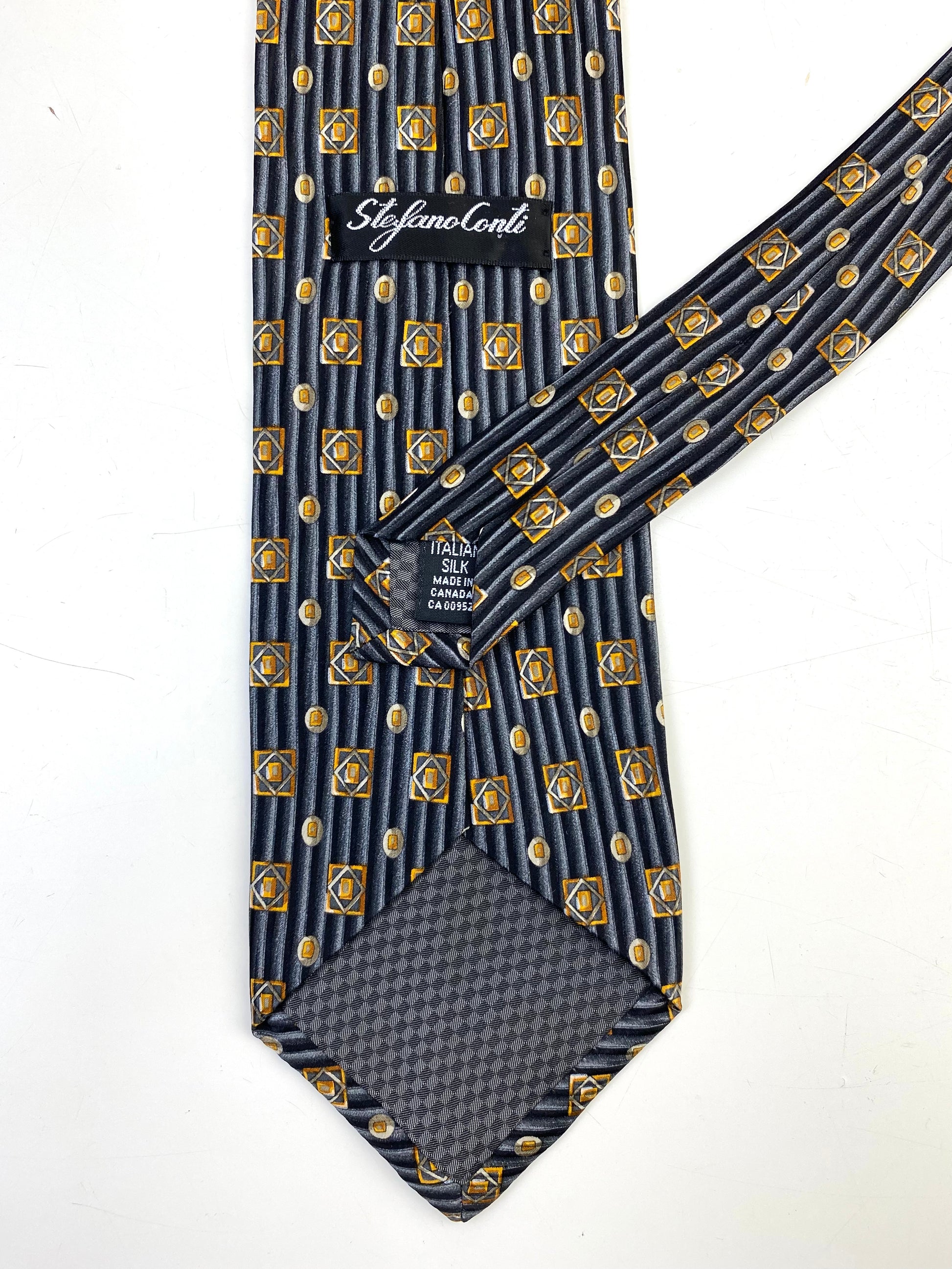 90s Deadstock Silk Necktie, Men's Vintage Grey/ Gold Geometric Pattern Tie, NOS