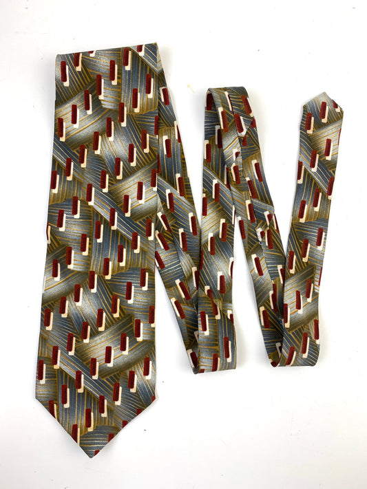 90s Deadstock Silk Necktie, Men's Vintage Gold/ Rust/ Grey Geometric Pattern Tie, NOS