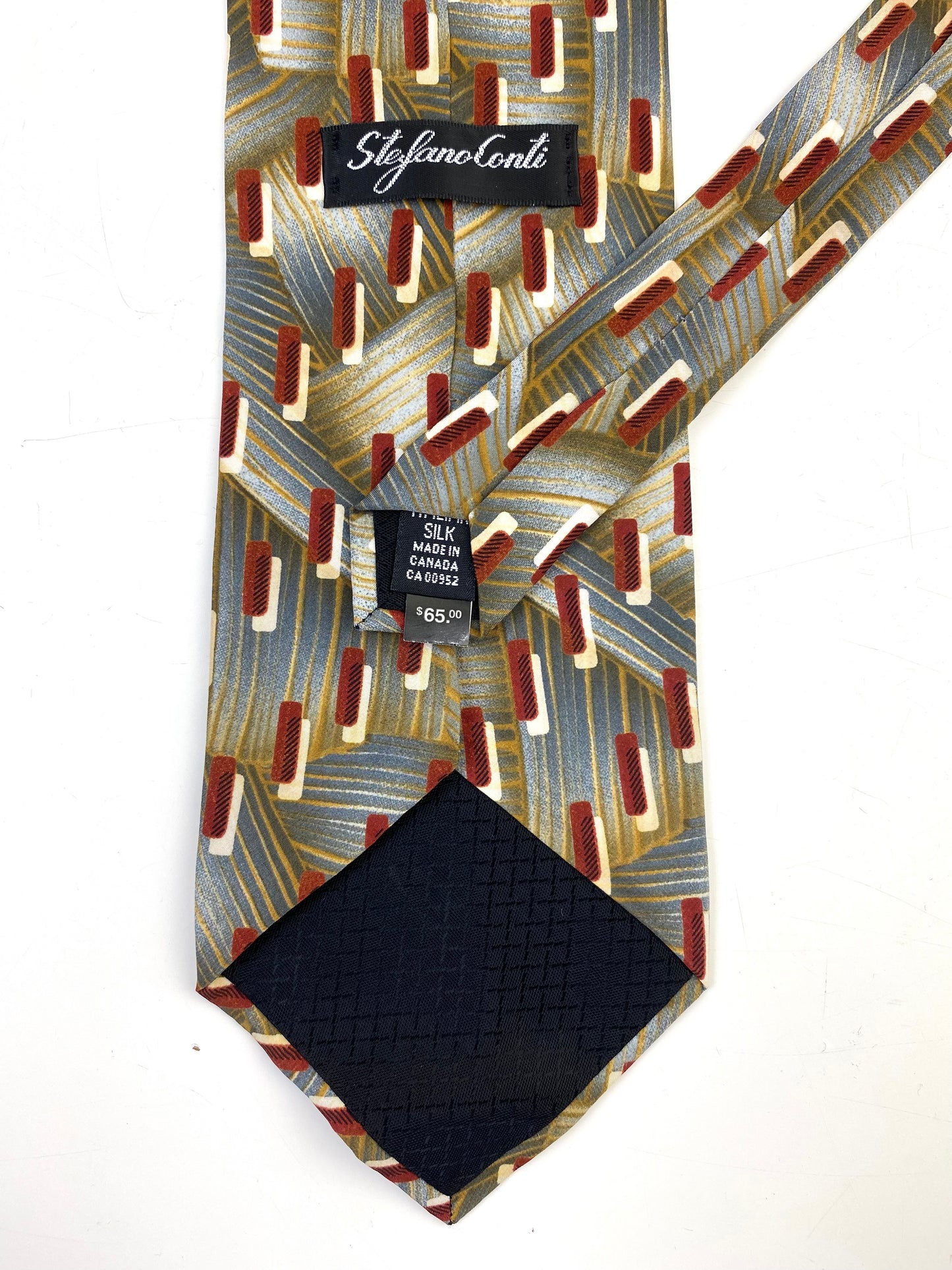 90s Deadstock Silk Necktie, Men's Vintage Gold/ Rust/ Grey Geometric Pattern Tie, NOS