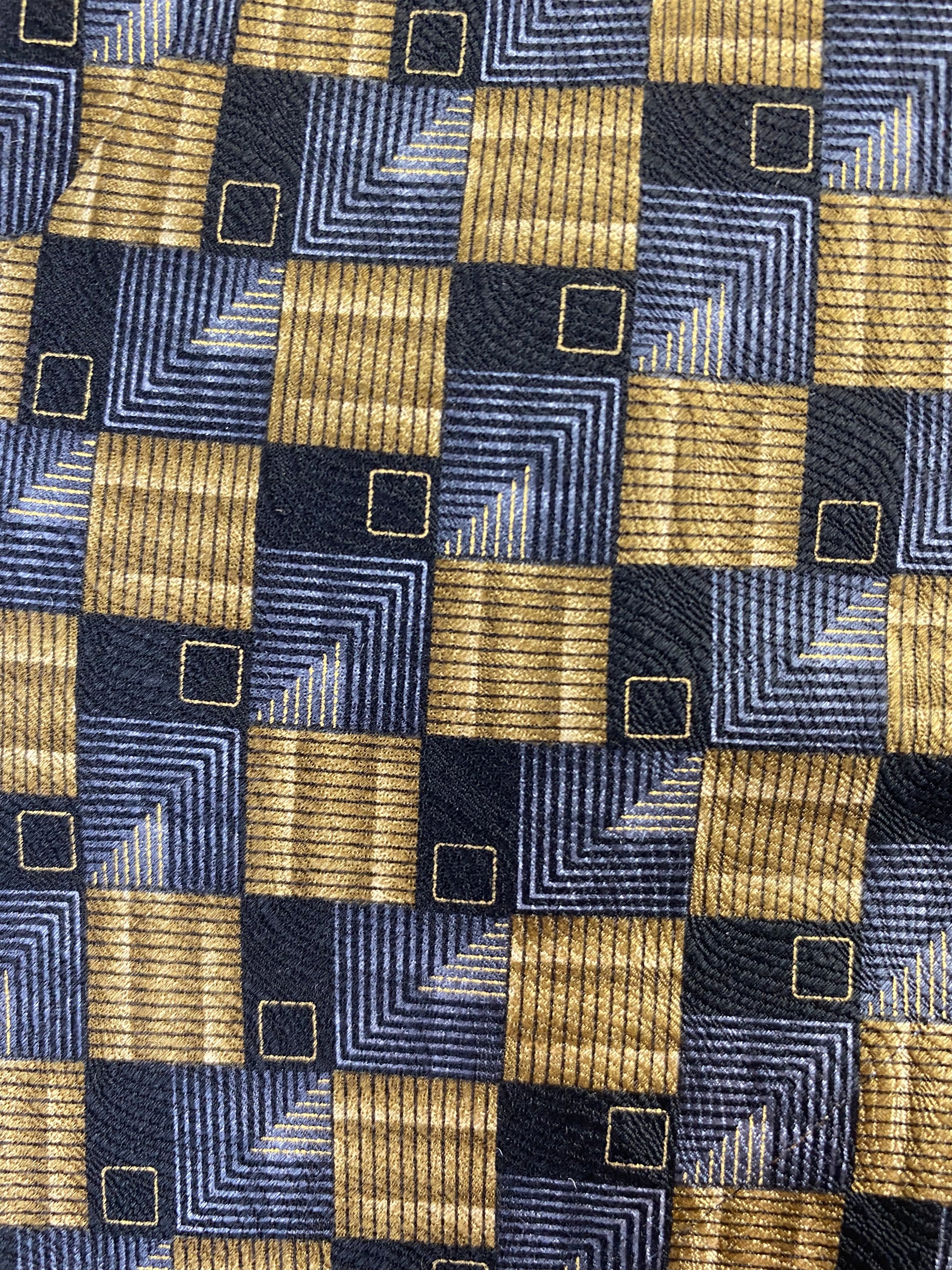 90s Deadstock Silk Necktie, Men's Vintage Gold/Blue Geometric Pattern Tie, NOS