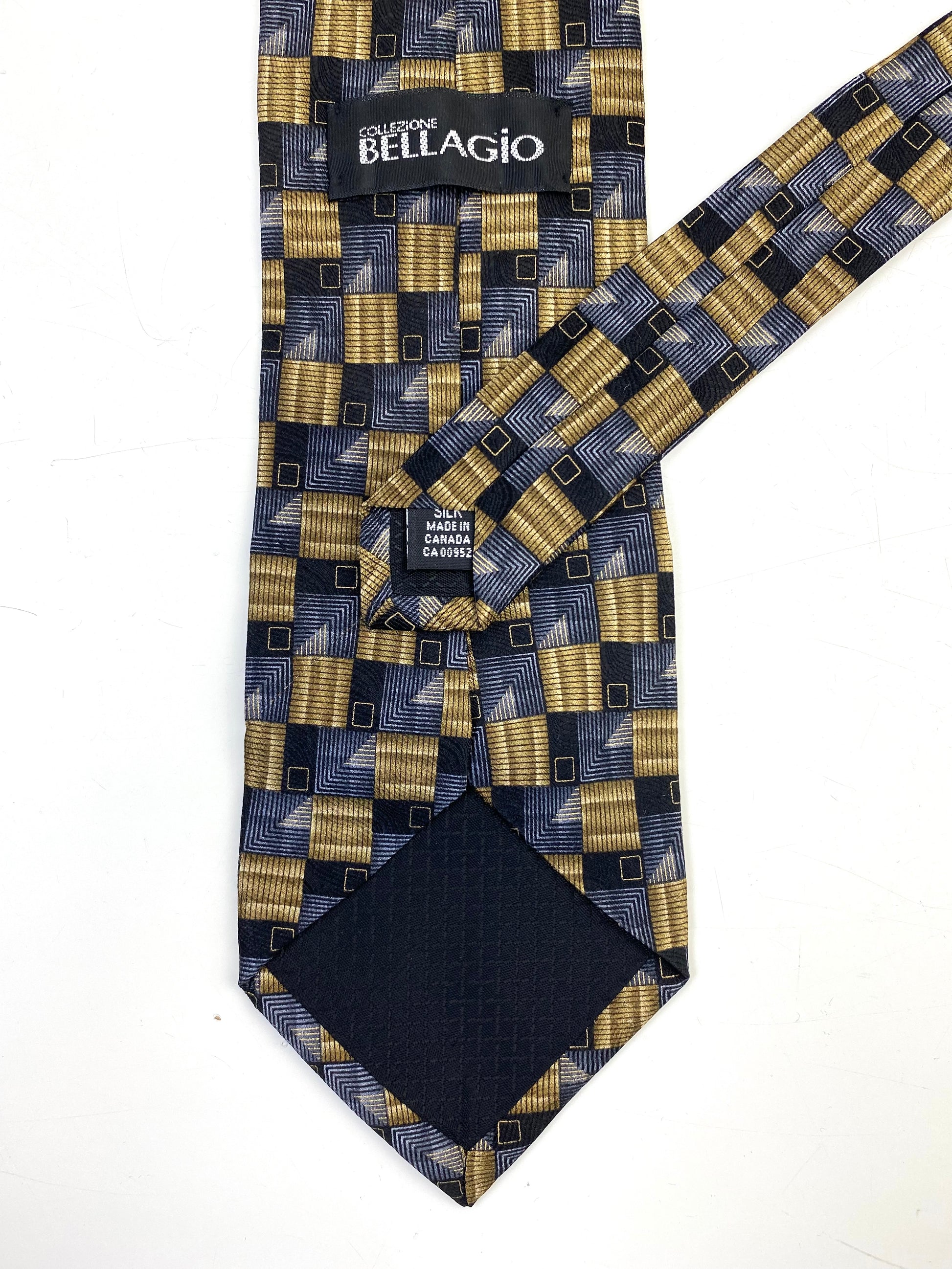 90s Deadstock Silk Necktie, Men's Vintage Gold/Blue Geometric Pattern Tie, NOS