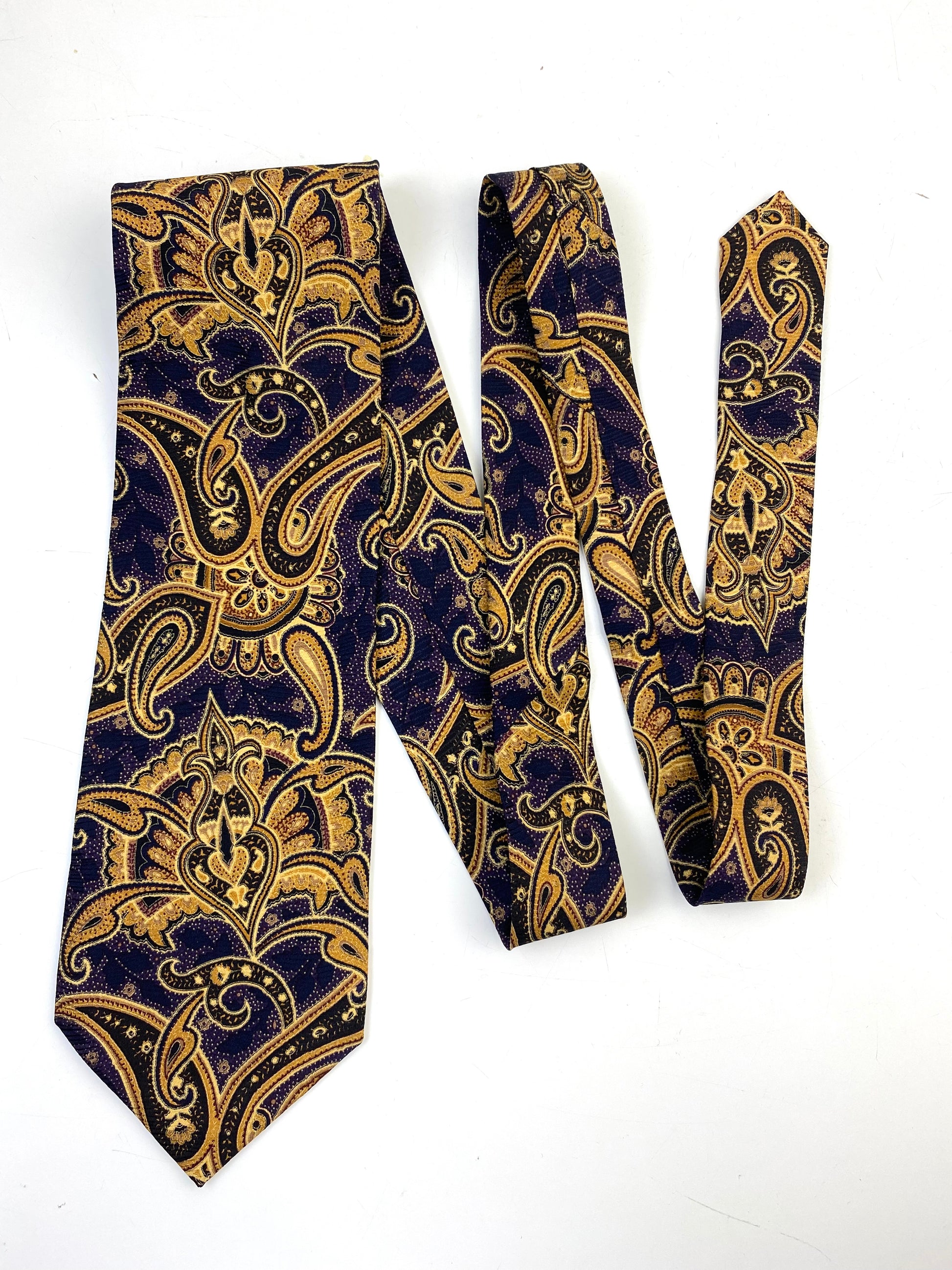 90s Deadstock Silk Necktie, Men's Vintage Gold/Purple Paisley Pattern Tie, NOS