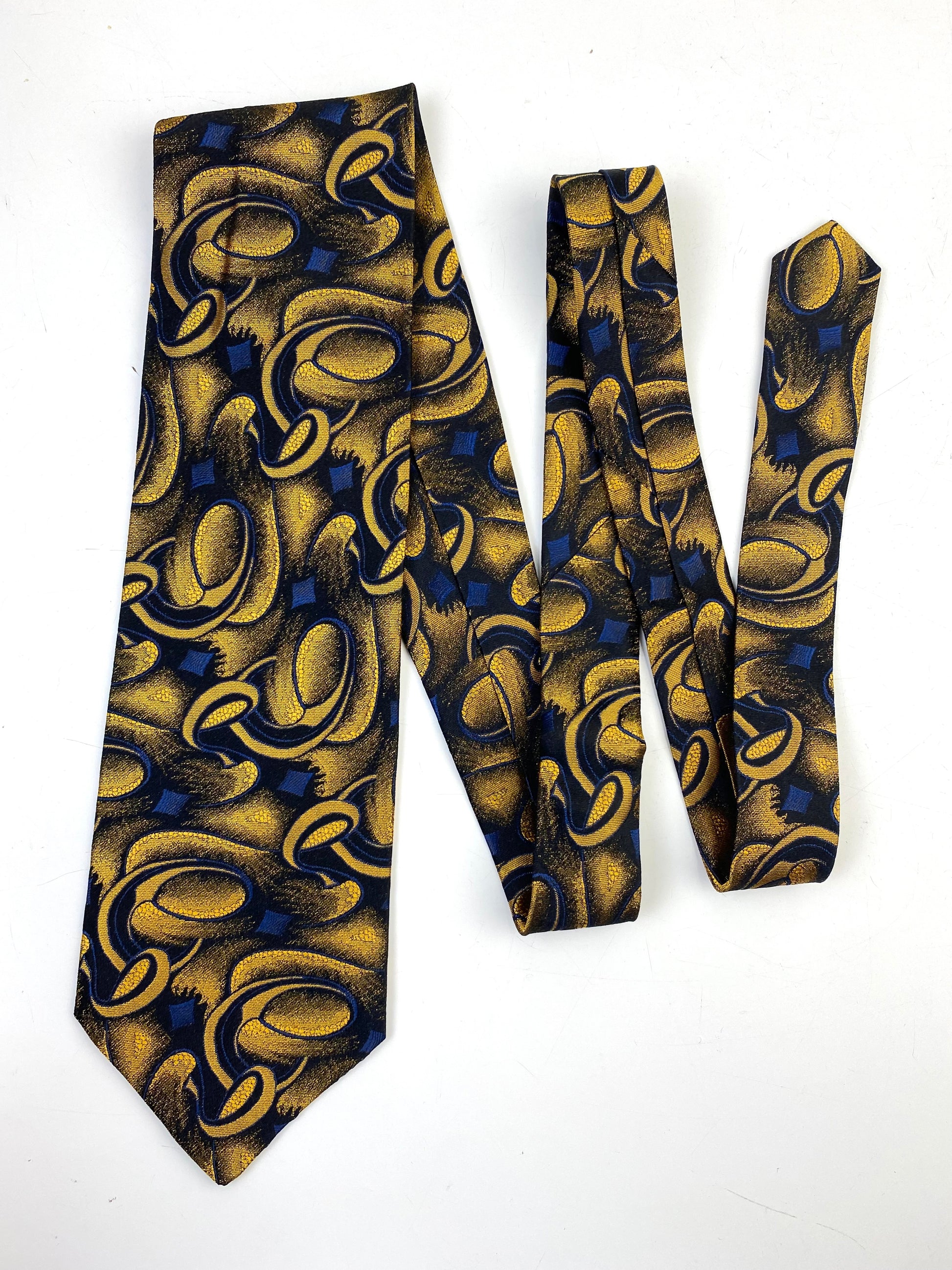 90s Deadstock Silk Necktie, Men's Vintage Gold/Blue Abstract Pattern Tie, NOS