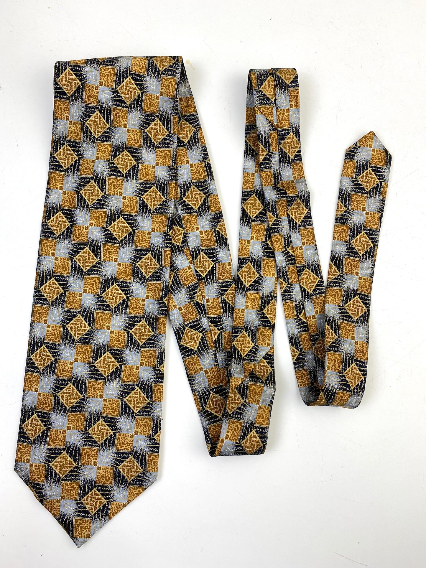 90s Deadstock Silk Necktie, Men's Vintage Gold/Grey Geometric Pattern Tie, NOS
