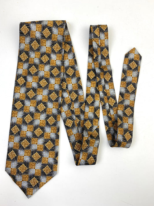 90s Deadstock Silk Necktie, Men's Vintage Gold/Grey Geometric Pattern Tie, NOS