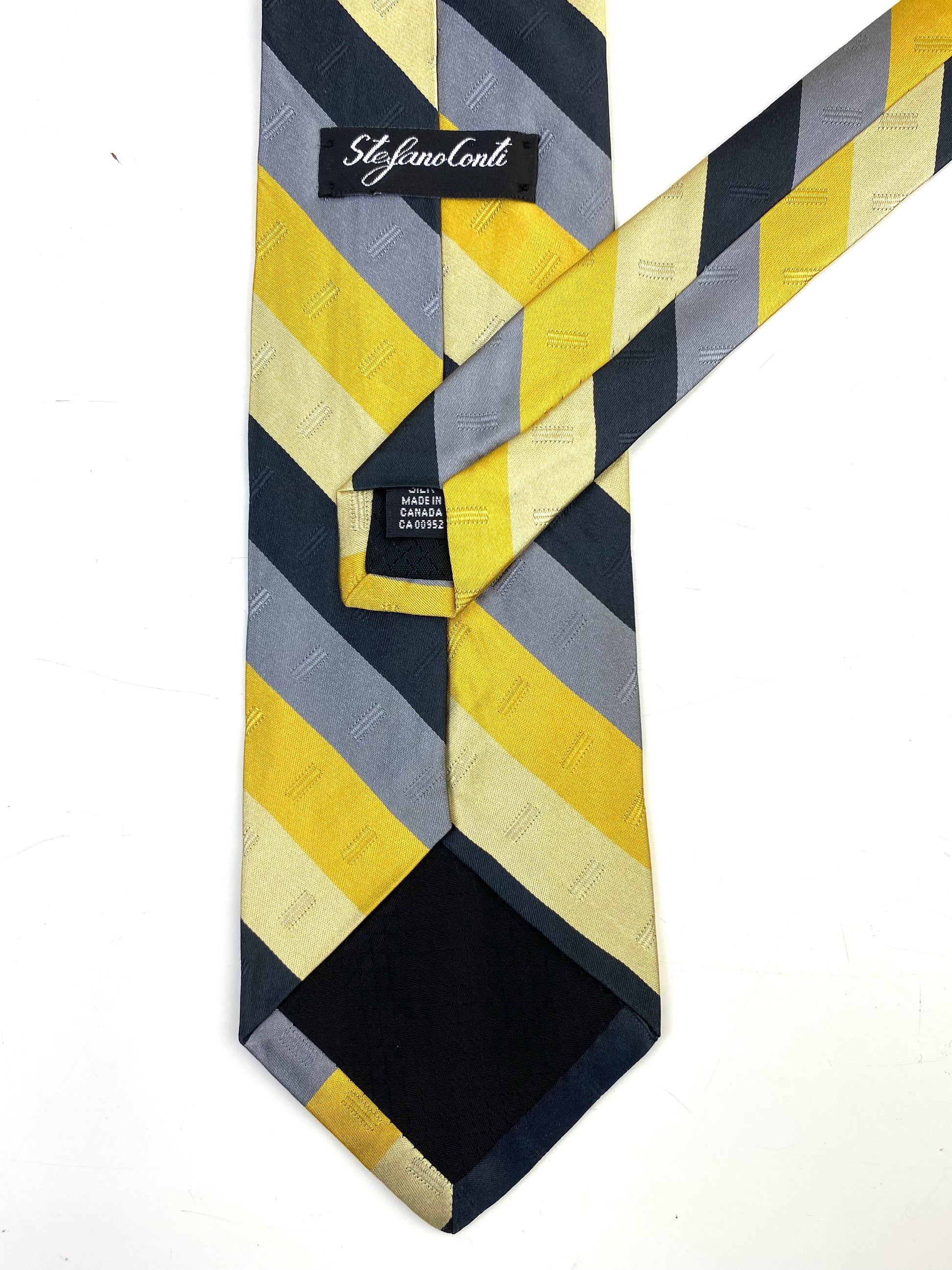 90s Deadstock Silk Necktie, Men's Vintage Gold/Grey/Black Diagonal Stripe Pattern Tie, NOS