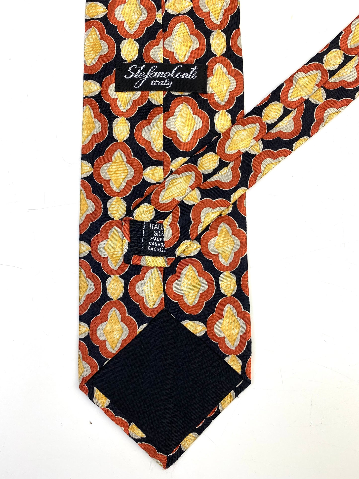 90s Deadstock Silk Necktie, Men's Vintage Black/ Gold/ Rust Quatrefoil Pattern Tie, NOS