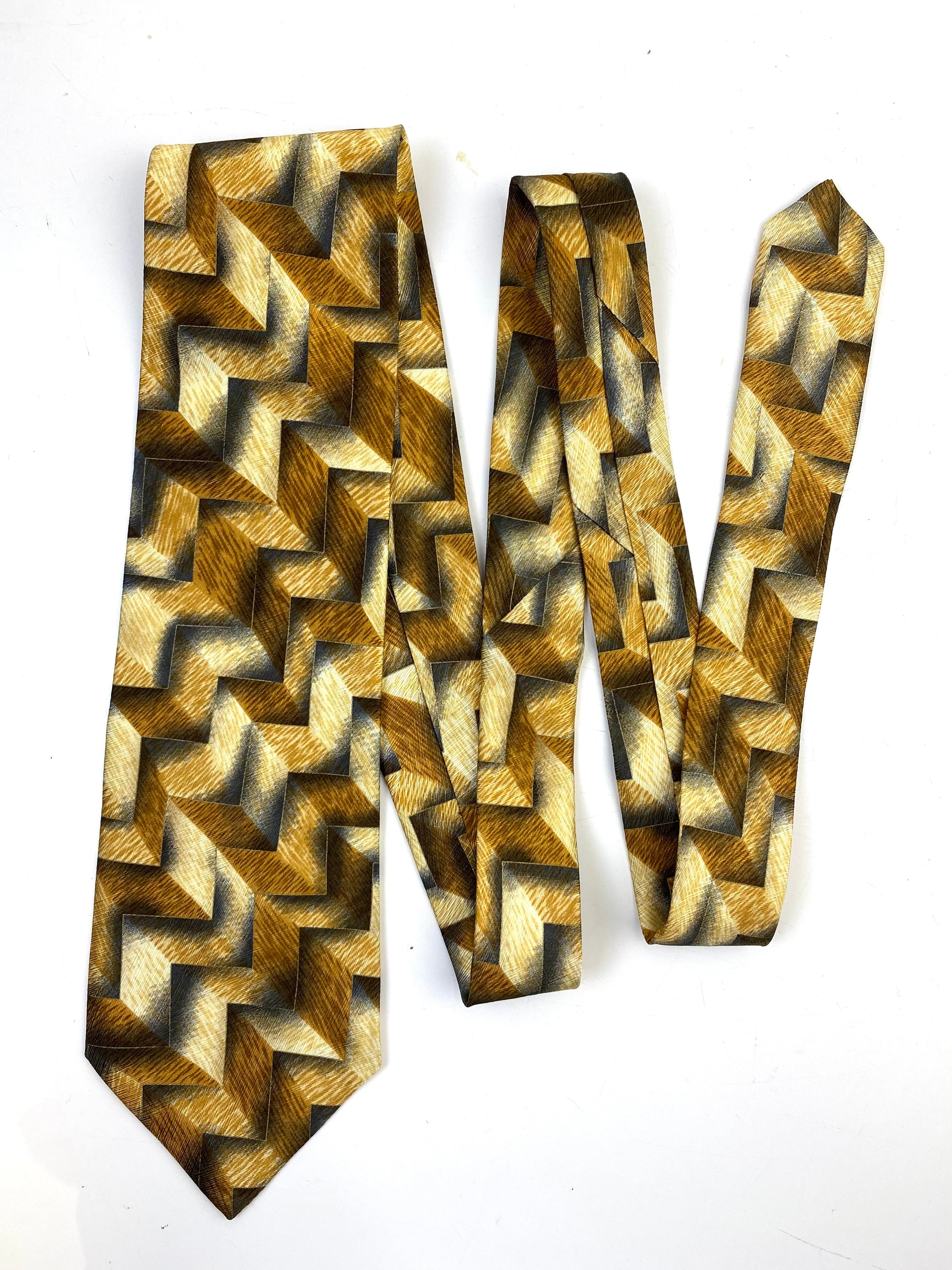 90s Deadstock Silk Necktie, Men's Vintage Gold Chevron Pattern Tie, NOS