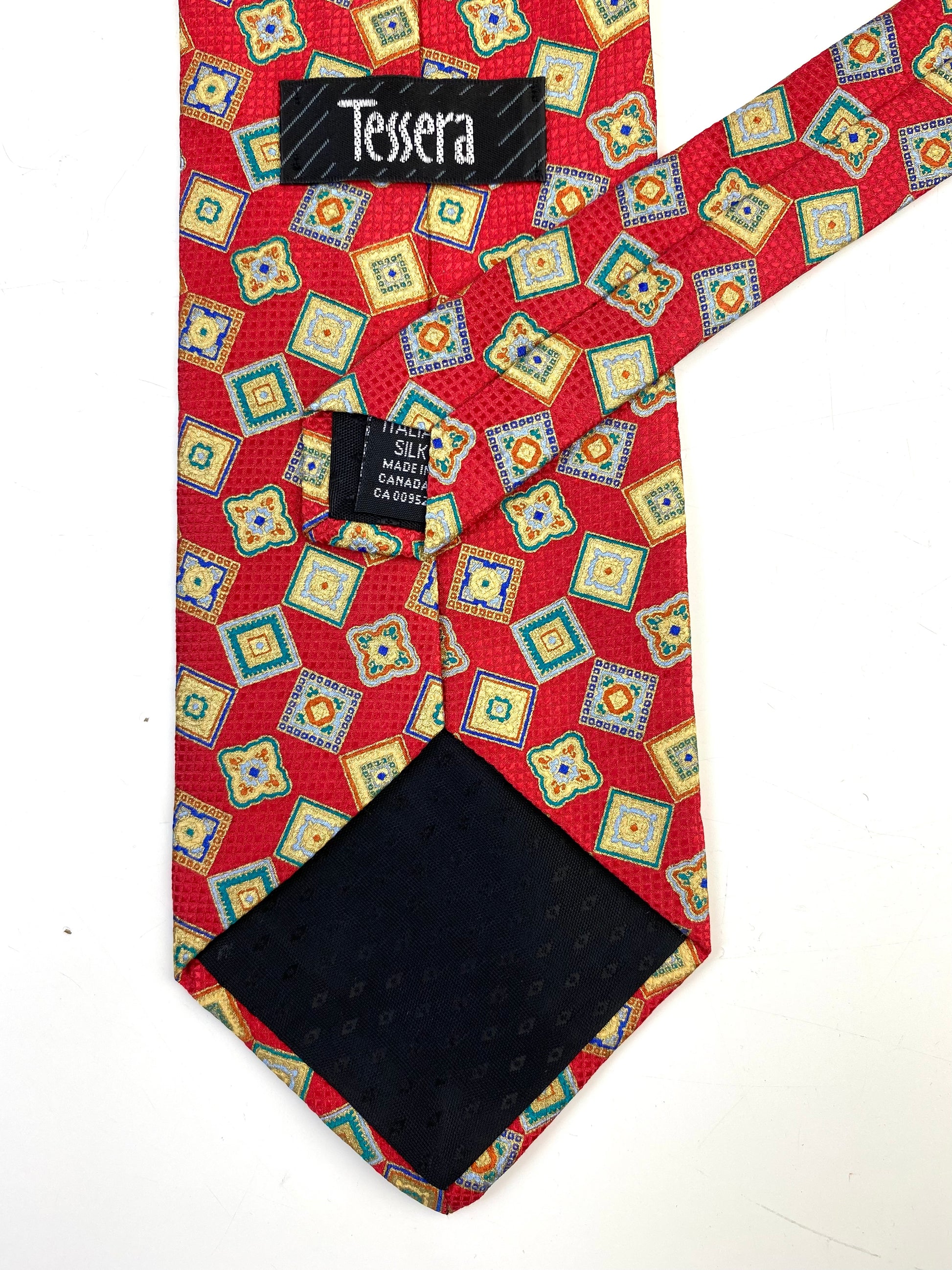90s Deadstock Silk Necktie, Men's Vintage Red/ Gold Geometric Pattern Tie, NOS