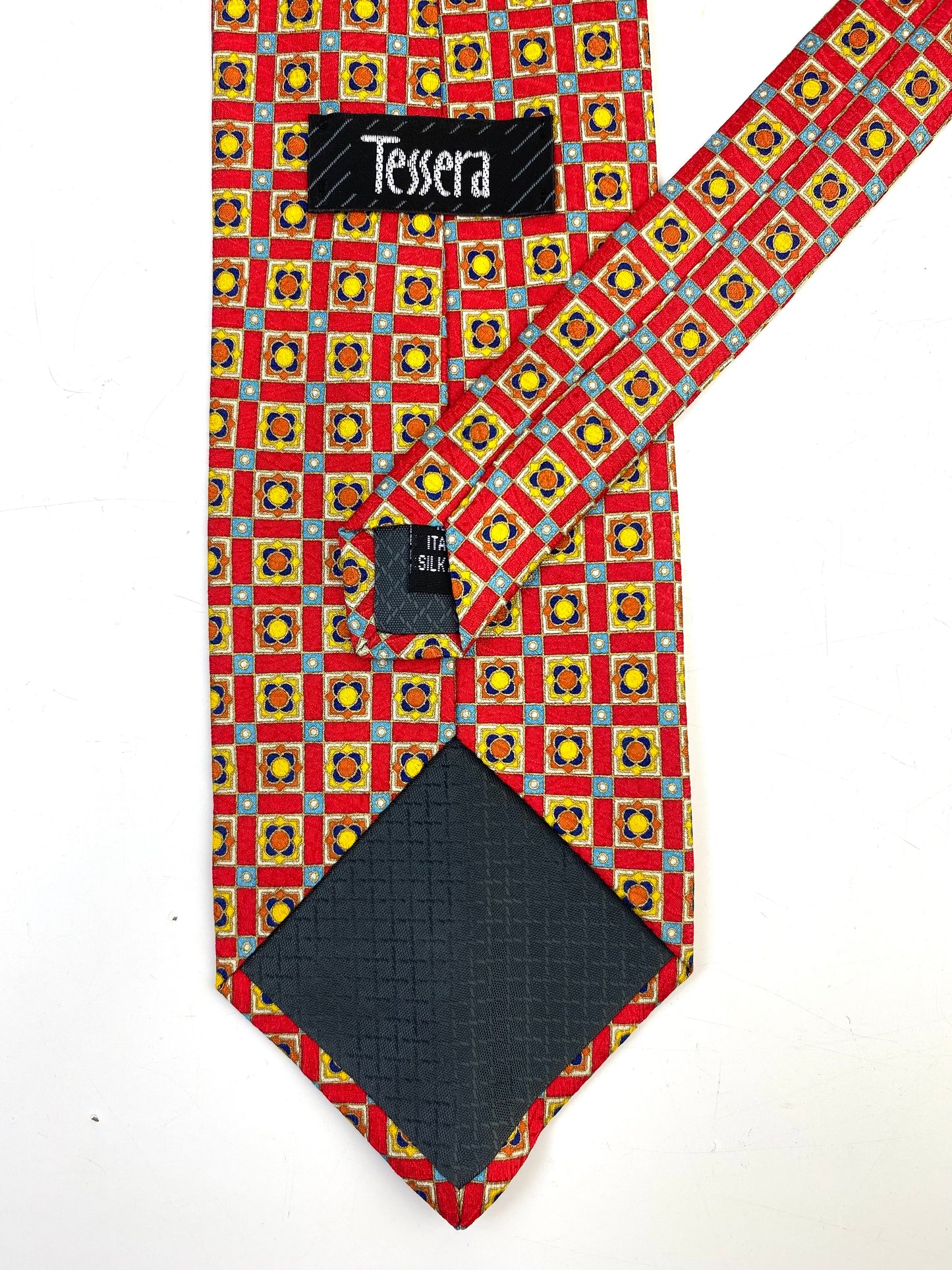 90s Deadstock Silk Necktie, Men's Vintage Red/ Gold Geometric Quatrefoil Pattern Tie, NOS
