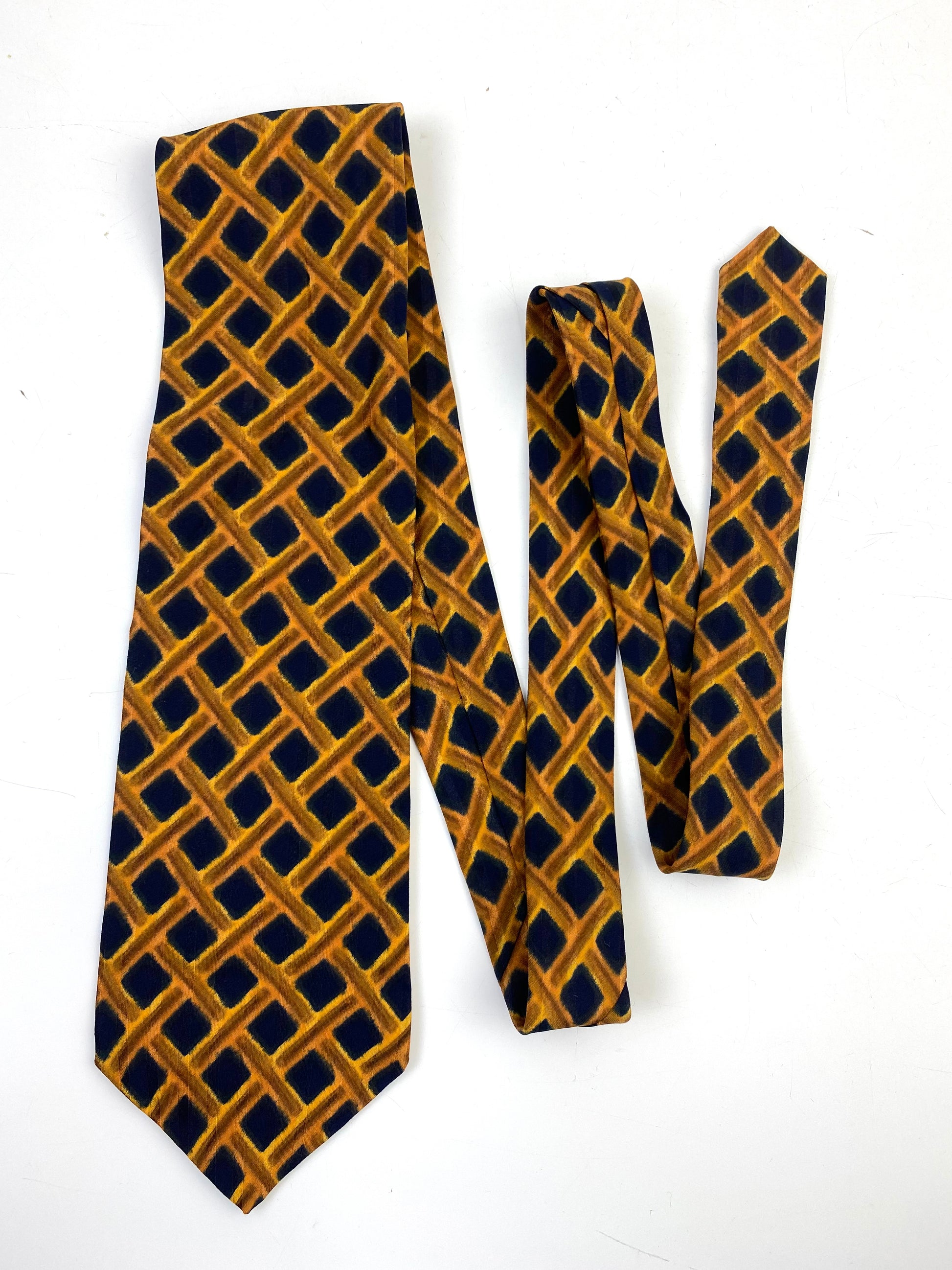 90s Deadstock Silk Necktie, Men's Vintage Gold/Navy Lattice Check Pattern Tie, NOS