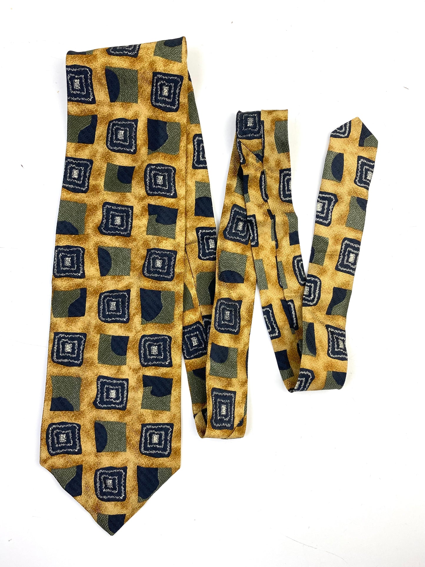 90s Deadstock Silk Necktie, Men's Vintage Gold/Navy/Green Geometric Pattern Tie, NOS