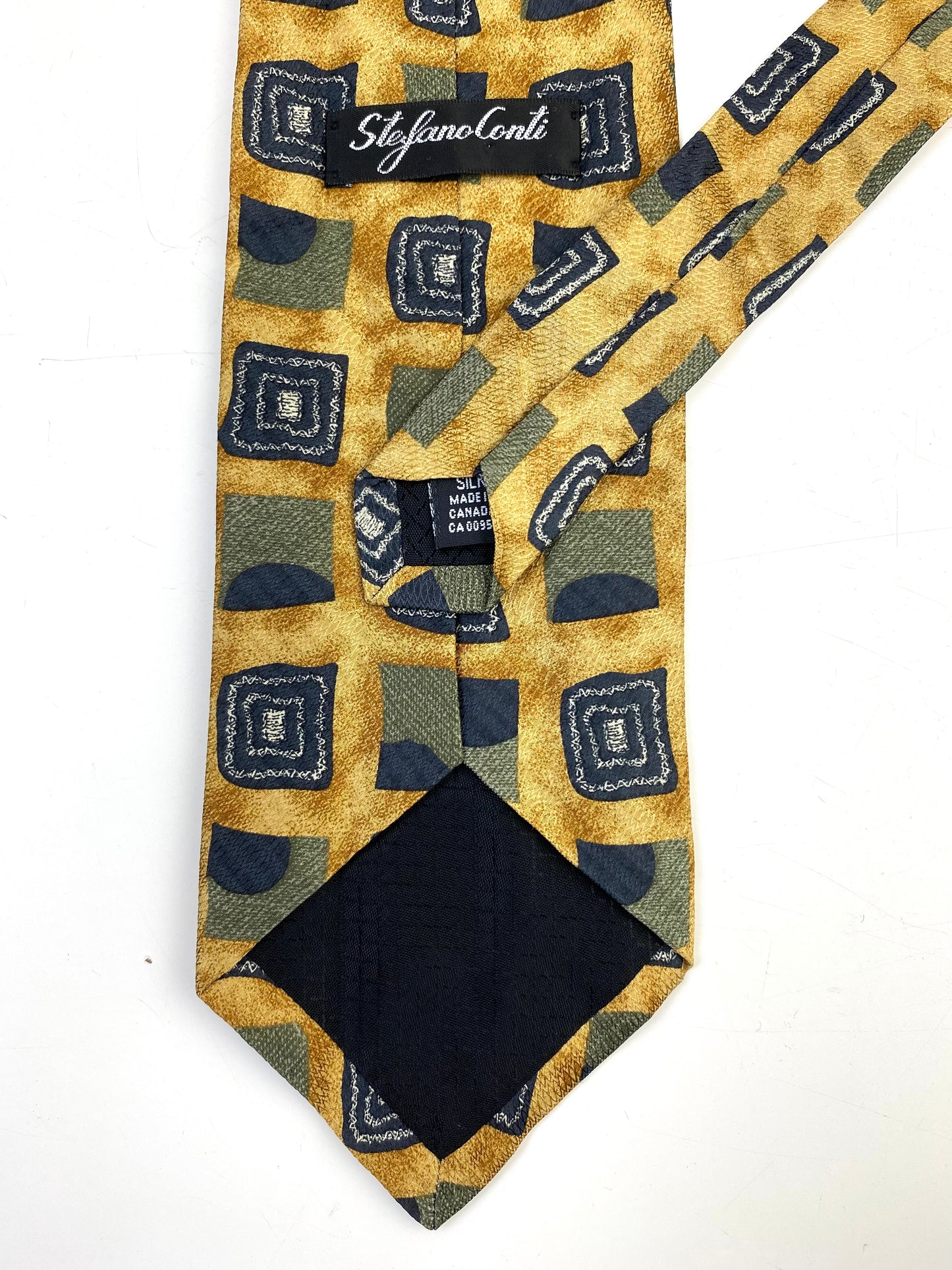 90s Deadstock Silk Necktie, Men's Vintage Gold/Navy/Green Geometric Pattern Tie, NOS