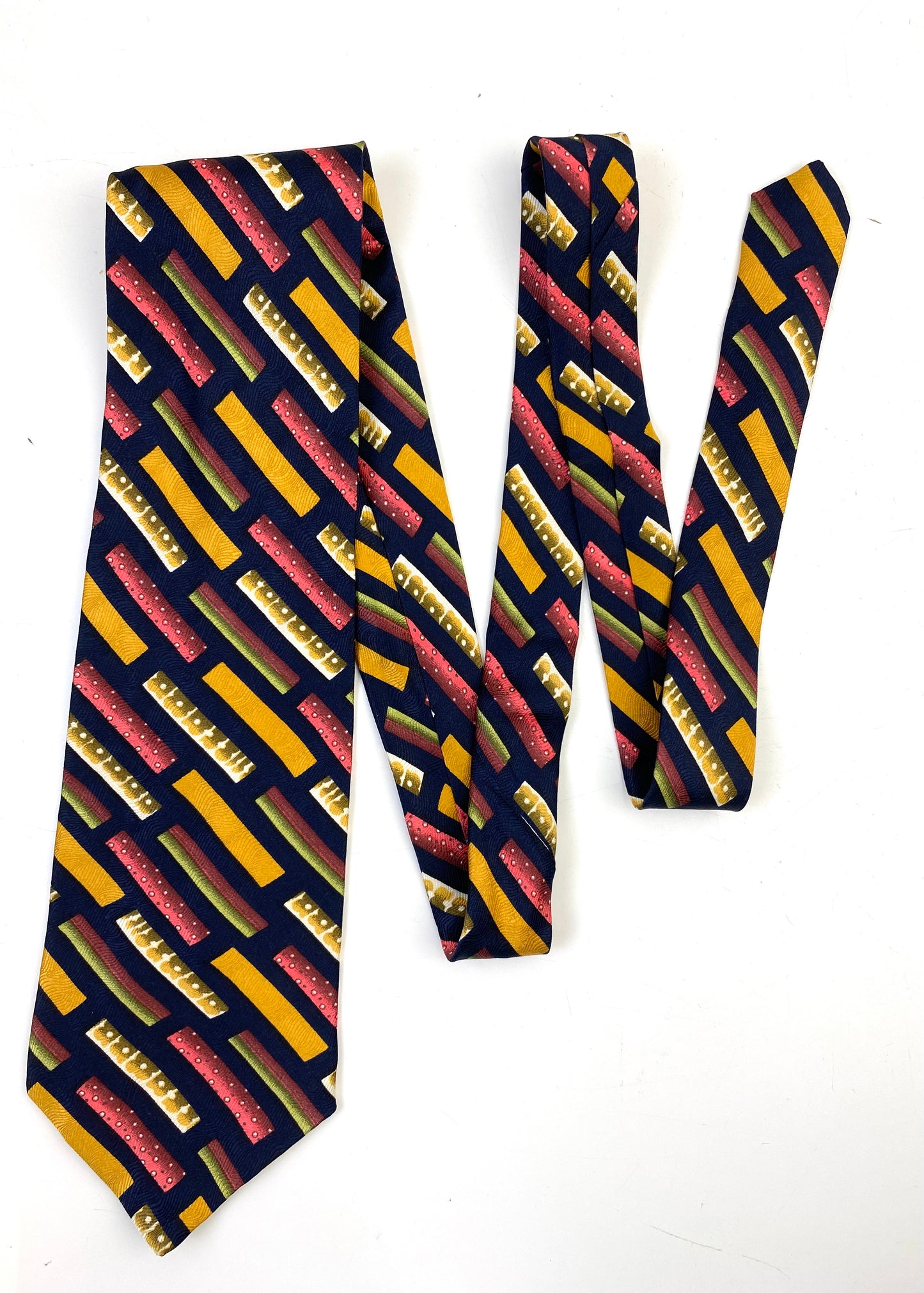 90s Deadstock Silk Necktie, Men's Vintage Gold/Red/Navy Geometric Pattern Tie, NOS