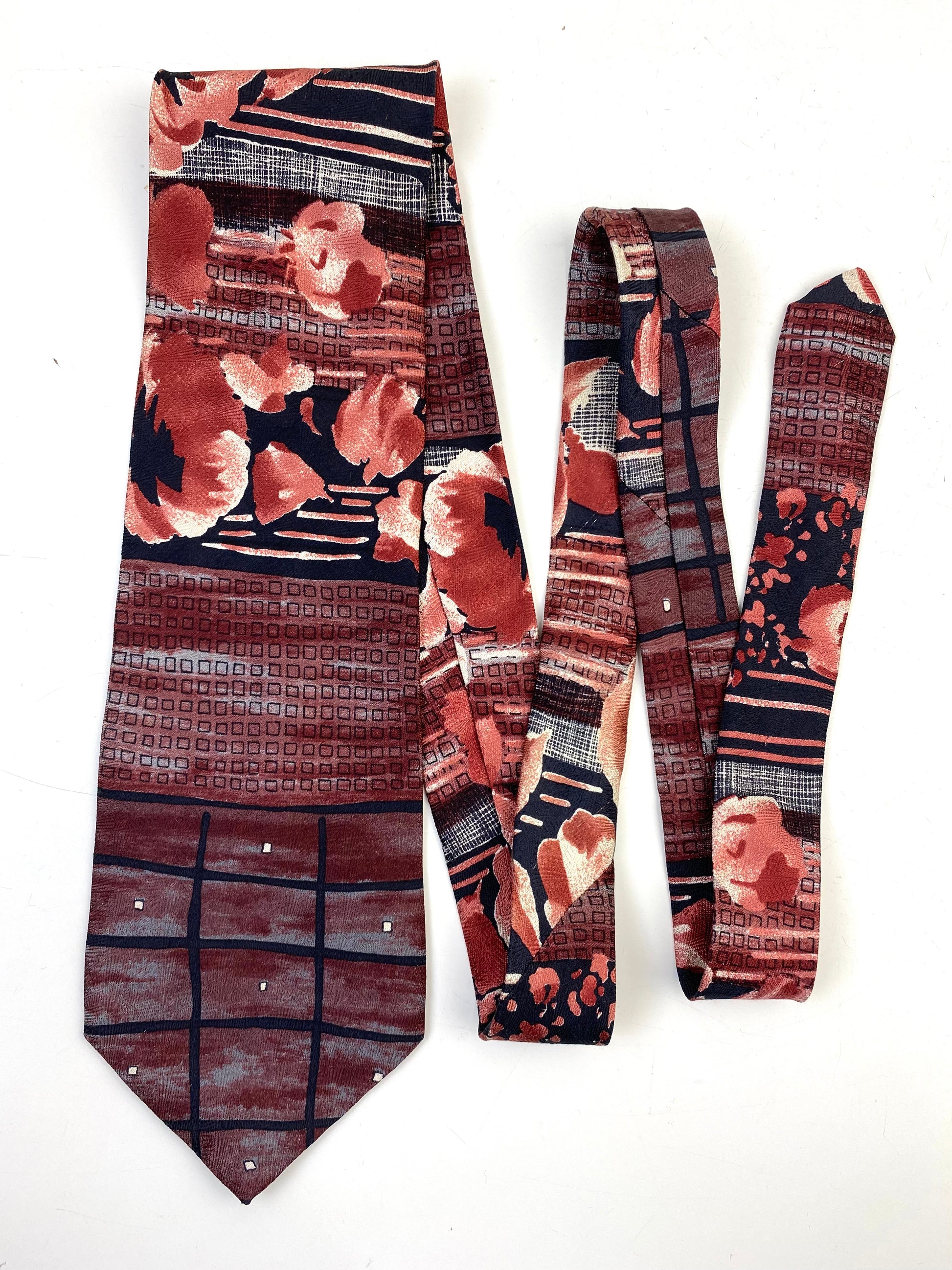 Front of: 90s Deadstock Silk Necktie, Men's Vintage Wine/ Navy Abstract Pattern Tie, NOS