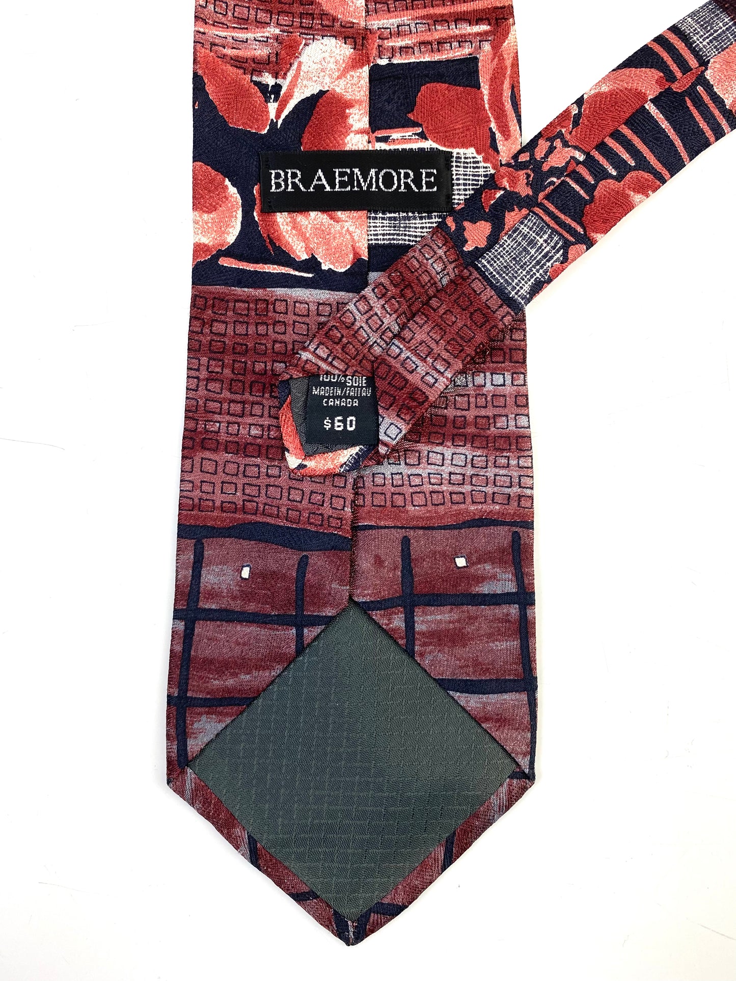 Back and labels of: 90s Deadstock Silk Necktie, Men's Vintage Wine/ Navy Abstract Pattern Tie, NOS