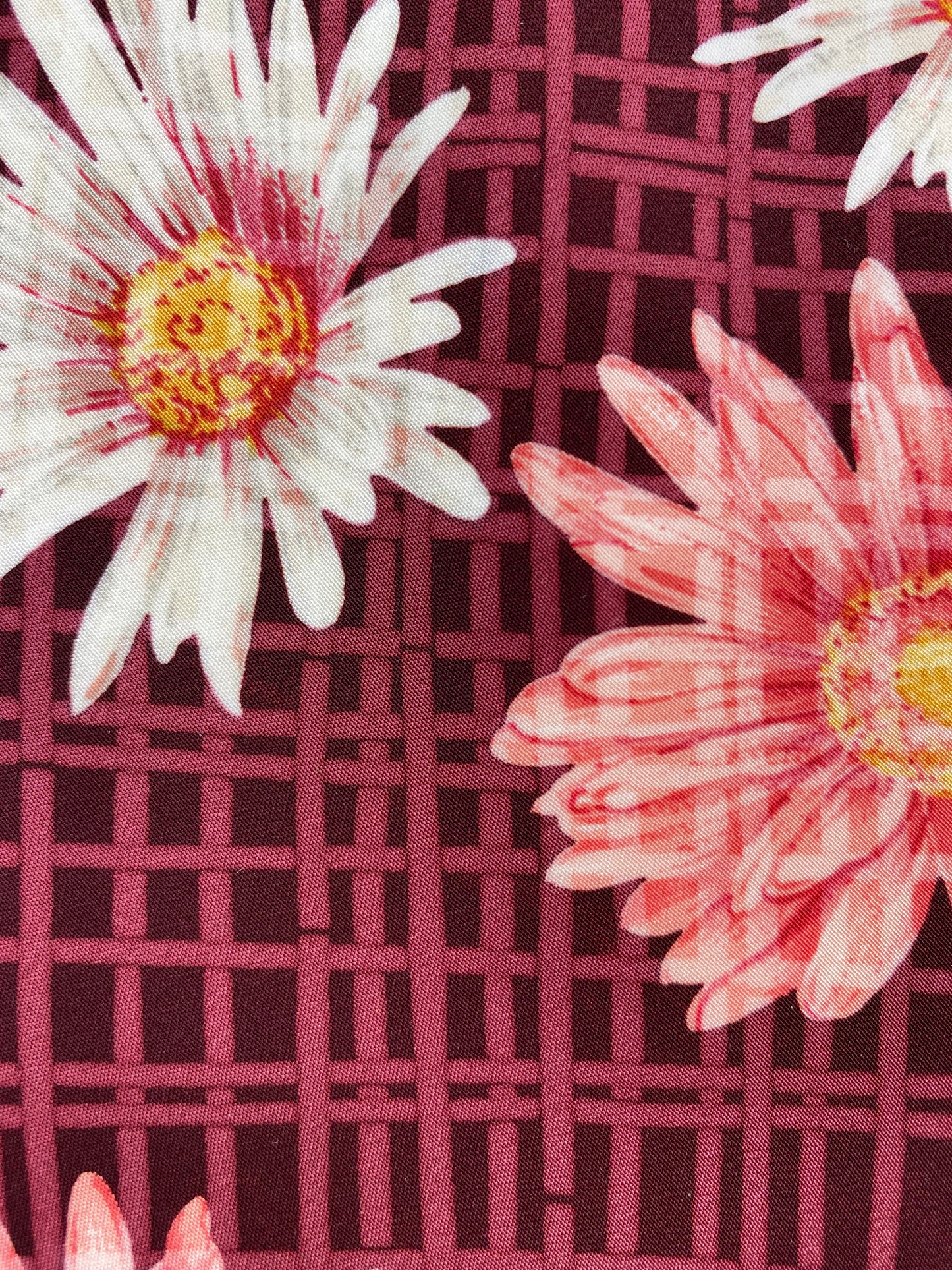 Close-up of: 90s Deadstock Silk Necktie, Men's Vintage Wine/ Pink/ White Floral Daisy Pattern Tie, NOS