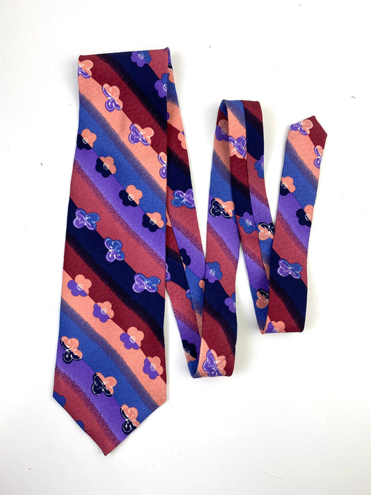 Front of: 90s Deadstock Silk Necktie, Men's Vintage Pink/ Purple/ Blue Floral Butterfly Stripe Pattern Tie, NOS