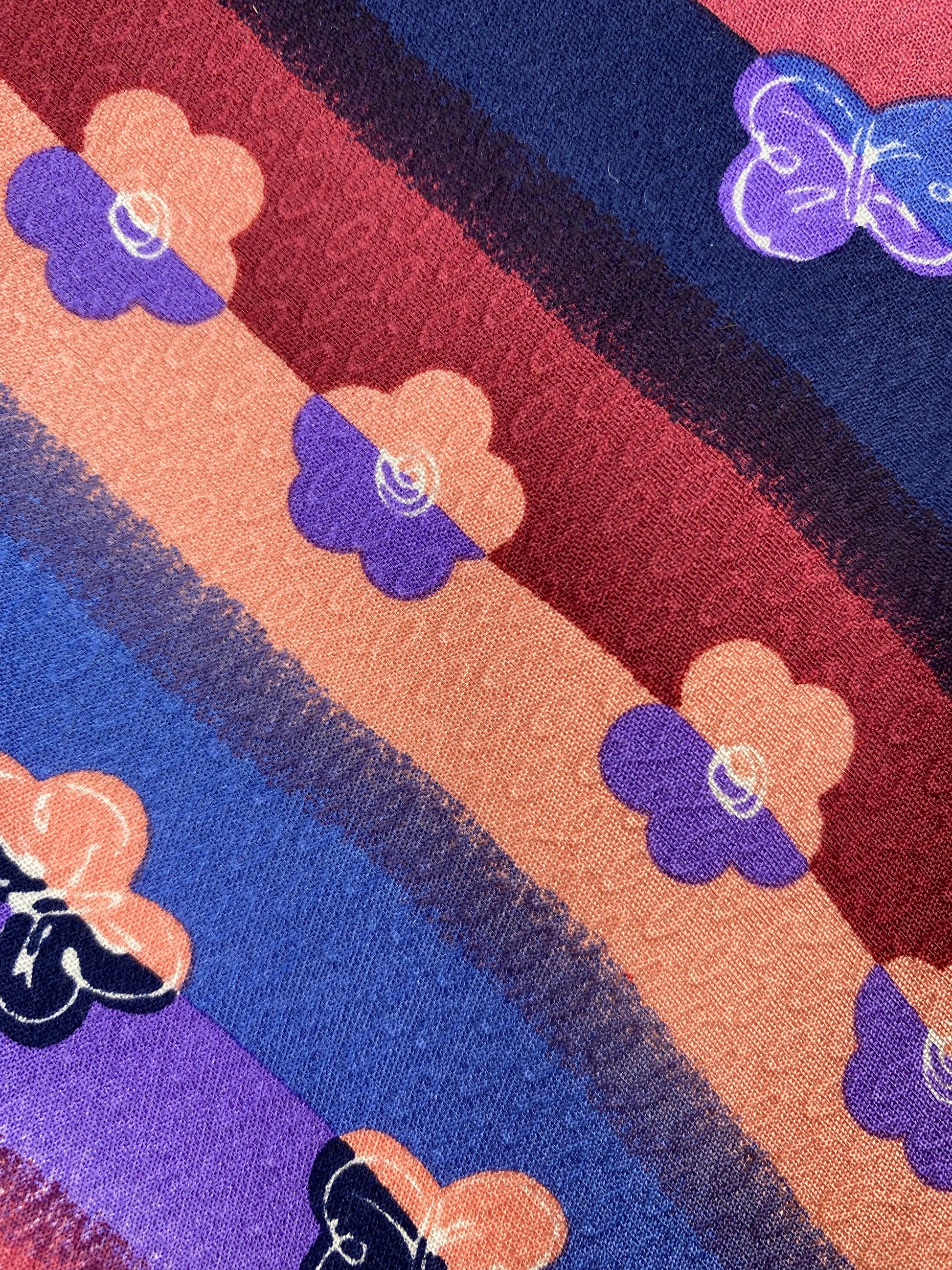 Close-up of: 90s Deadstock Silk Necktie, Men's Vintage Pink/ Purple/ Blue Floral Butterfly Stripe Pattern Tie, NOS
