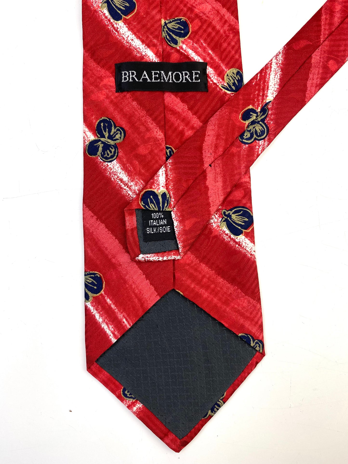 Back and labels of: 90s Deadstock Silk Necktie, Men's Vintage Red/ Navy Butterfly Pattern Tie, NOS