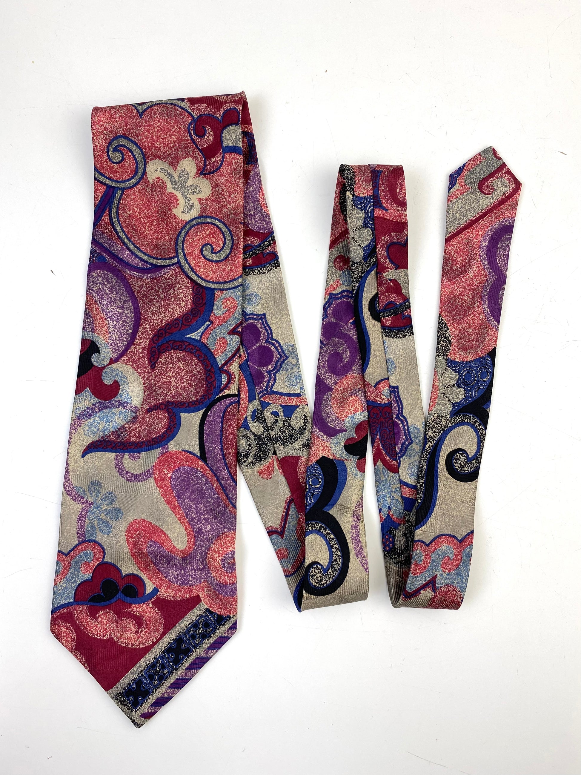 Front of: 90s Deadstock Silk Necktie, Men's Vintage Red/Purple Abstract Pattern Tie, NOS