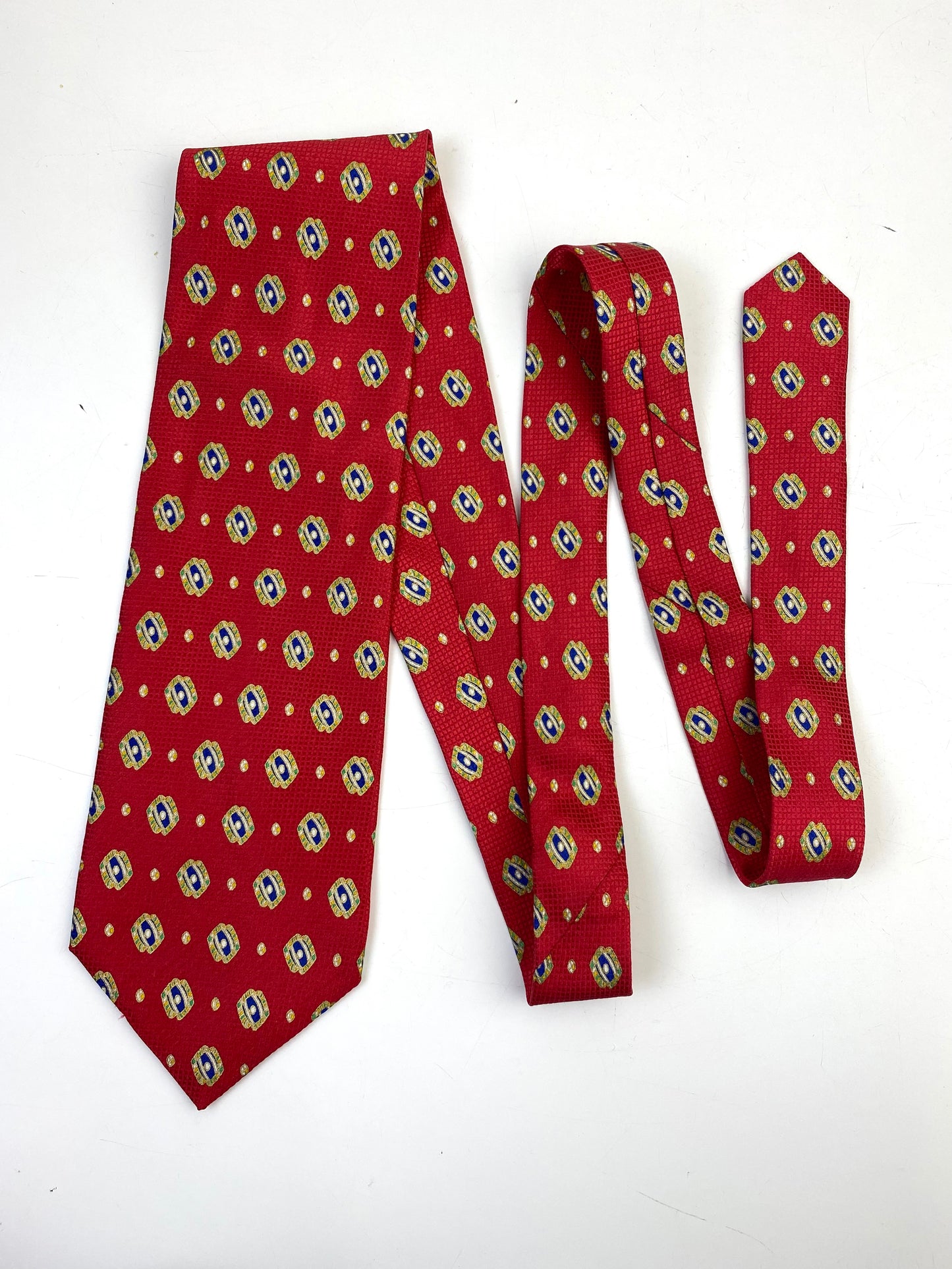 Front of: 90s Deadstock Silk Necktie, Men's Vintage Red/Blue Geometric Pattern Tie, NOS