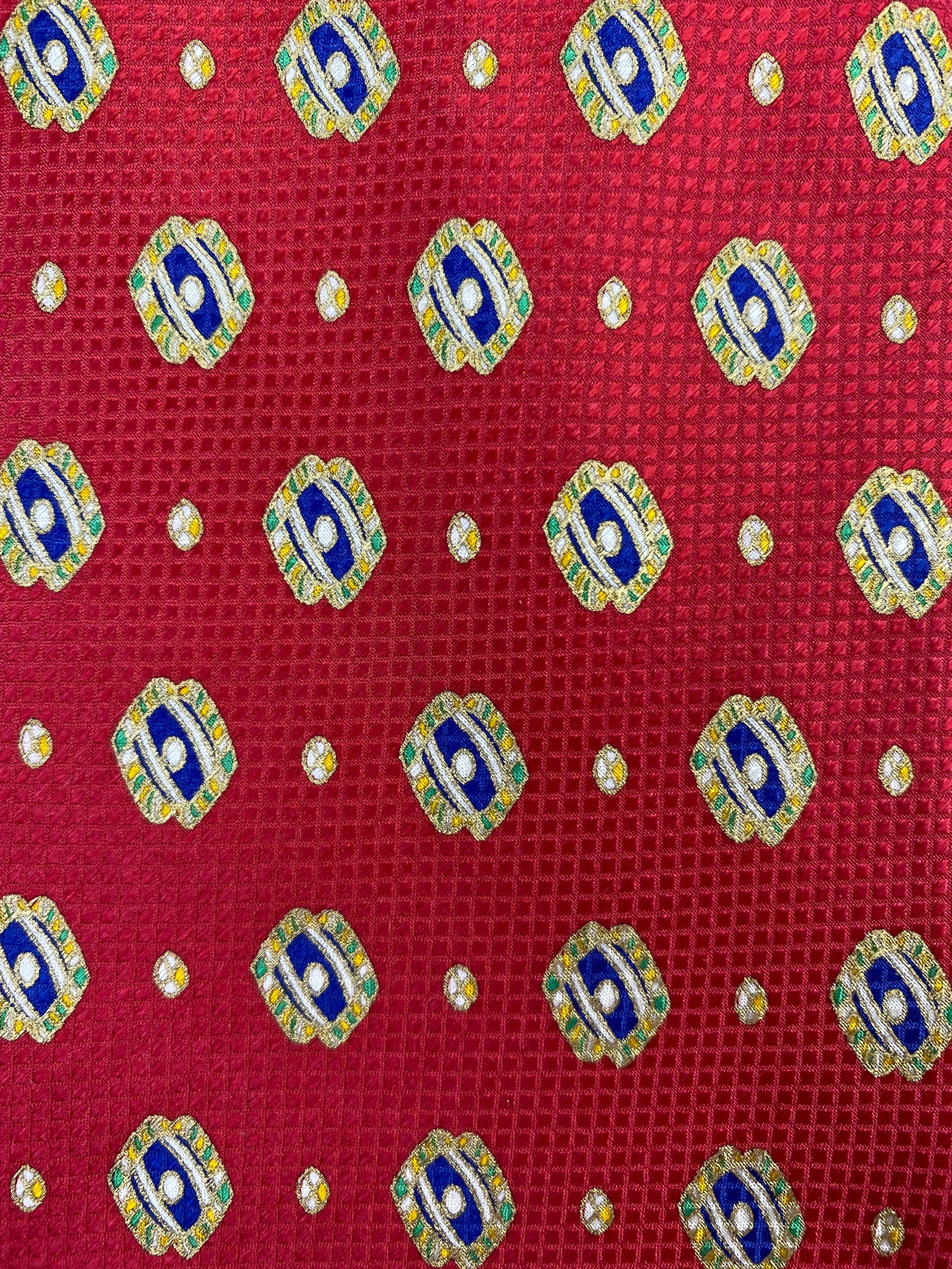 Close-up of: 90s Deadstock Silk Necktie, Men's Vintage Red/Blue Geometric Pattern Tie, NOS